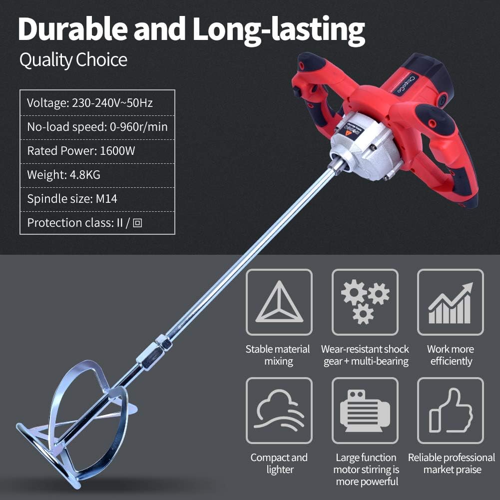 1600W Portable Electric Concrete Cement Plaster Grout Paint Thinset Mortar Paddle Mixer Pro Drill Mixer Stirring Tool Adjustable 6 Speed Handheld Standard 220V (1600W Red)