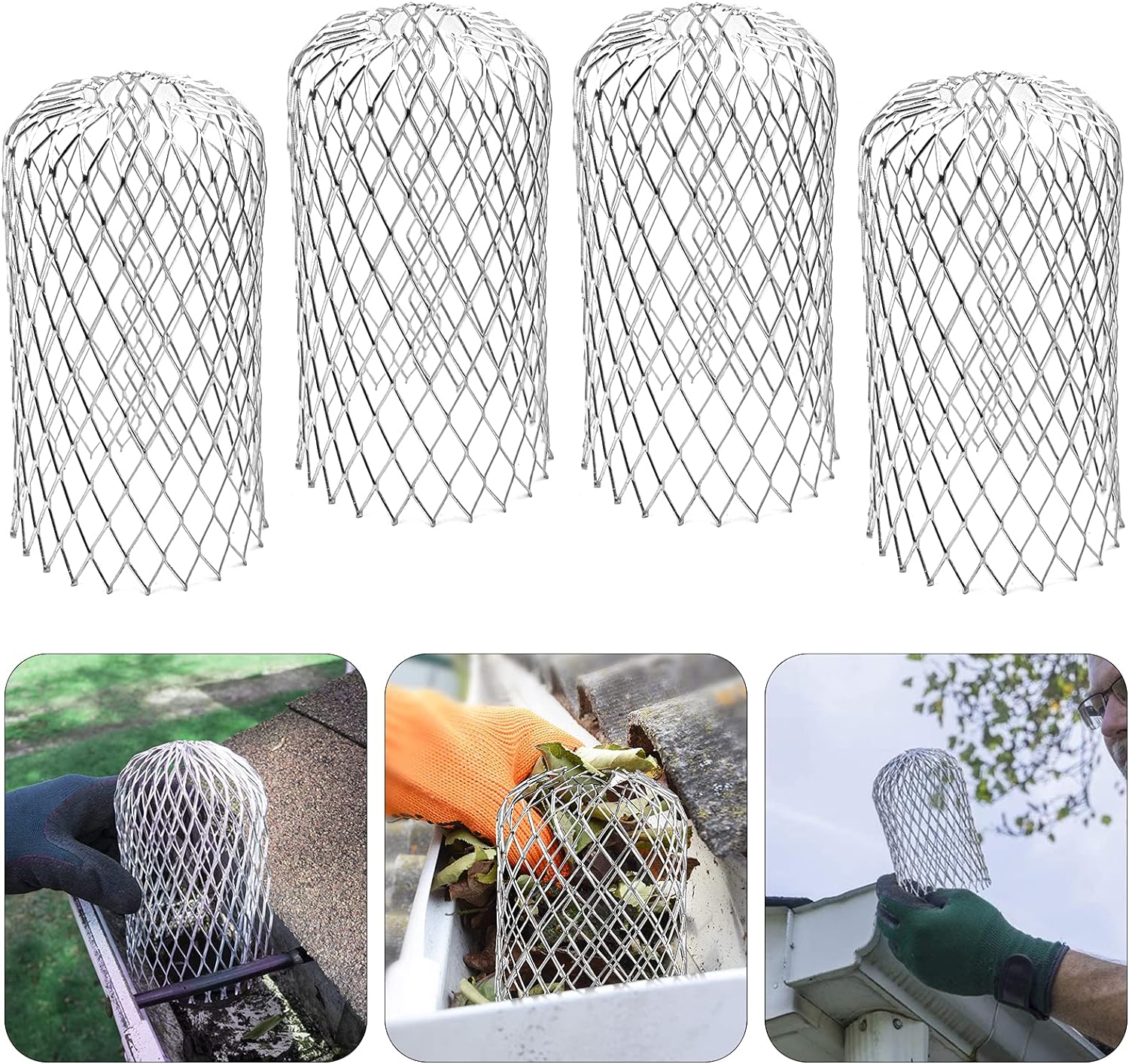 4 Pack Aluminum Gutter Guards Expandable Filter Strainer Leaf Strainer Gutter Sieve Down Pipe Covers Protection Easy Install Moss, Muck, Mud Debris Guard, from 2 to 4 inches