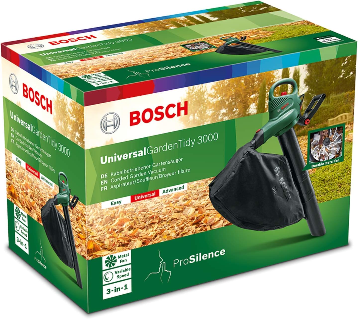 Bosch Electric Leaf Blower and Vacuum UniversalGardenTidy 3000 (3000 W, collection bag 50 l, variable speed, for blowing, vacuuming and shredding leaves, Weight: 4.7 kg, in carton packaging)