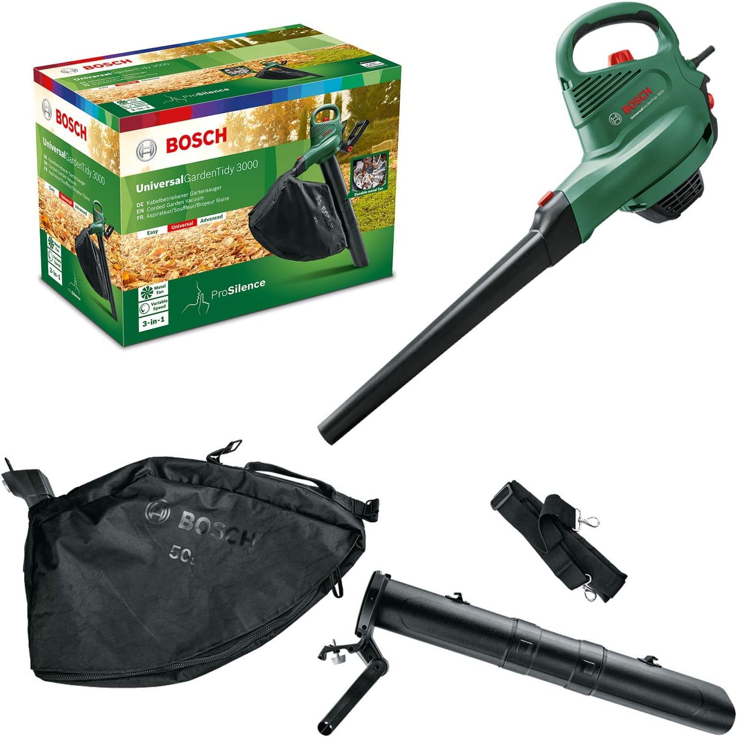 Bosch Electric Leaf Blower and Vacuum UniversalGardenTidy 3000 (3000 W, collection bag 50 l, variable speed, for blowing, vacuuming and shredding leaves, Weight: 4.7 kg, in carton packaging)