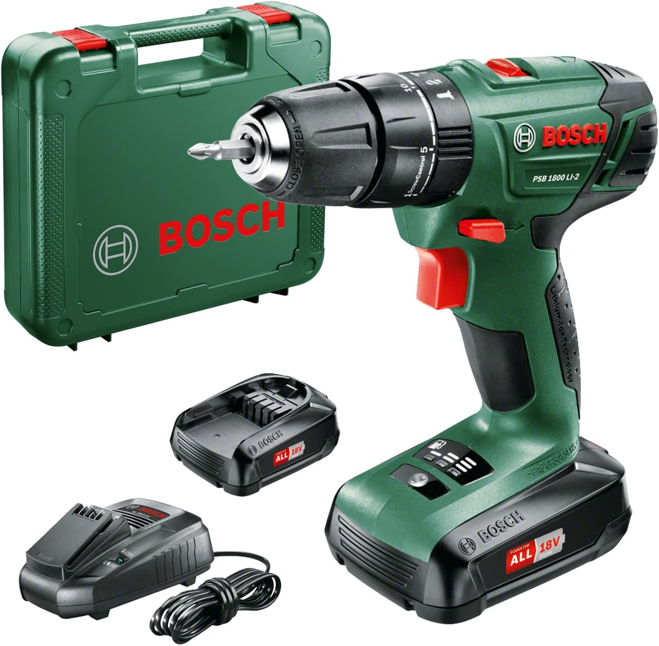 Bosch Home and Garden Cordless Combi Drill PSB 1800 LI-2 (2 x 18 volt batteries, 20 torque settings, drill and impact function, in carrying case)