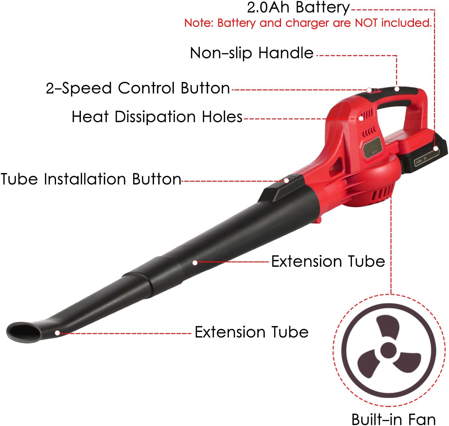 Cordless Leaf Blower 20V 60MPH/130MPH Powerful Air Blower, Portable Handheld Leaf Blower with Extension Tubes, 2-Speed Control, 2.0Ah Battery Fast Charger for Garden, Patio, Lawn