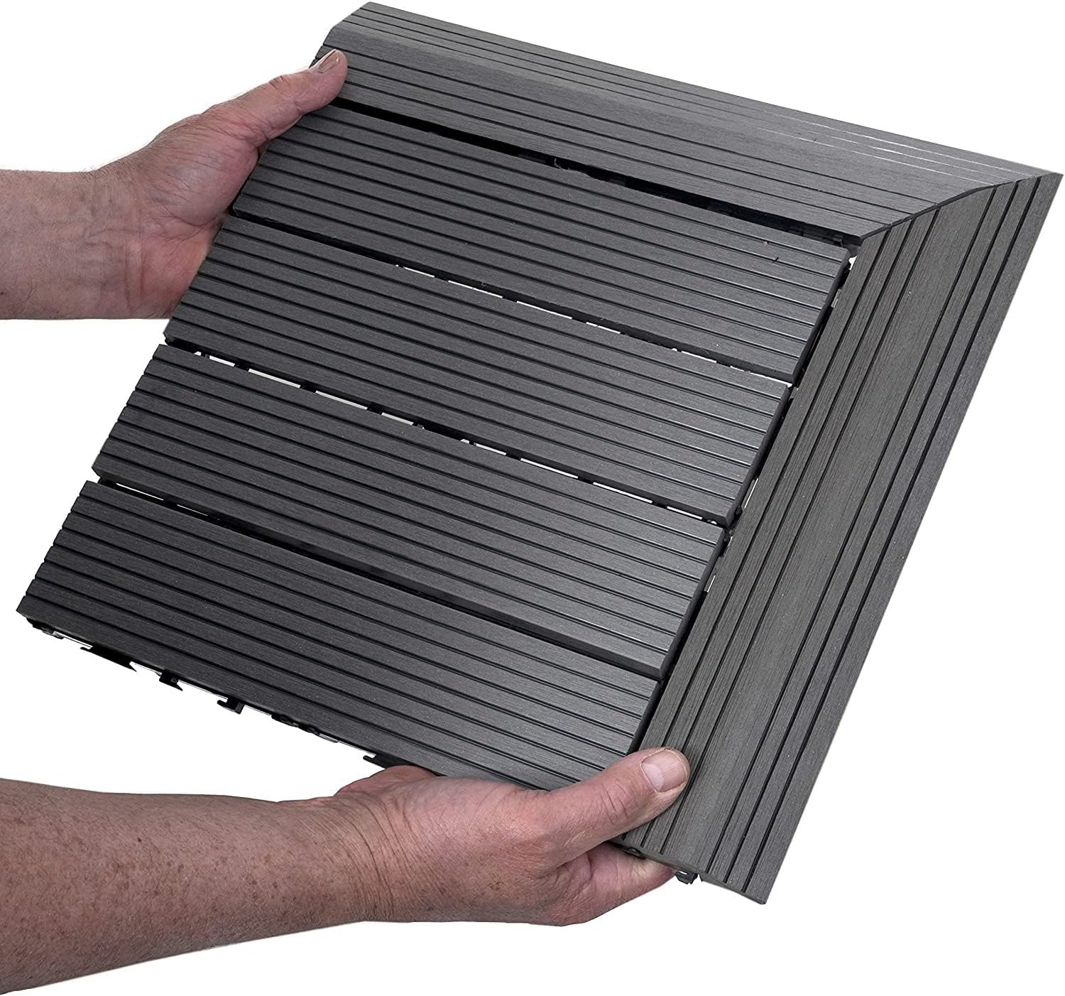 DECKO Grey 1 Piece Composite Wood Plastic Decking Interlocking Right Edge Tiles, 37cm x 7cm Grey 1 Piece Composite Wood Plastic Decking Interlocking Left Edge Tiles, 37cm x 7cm