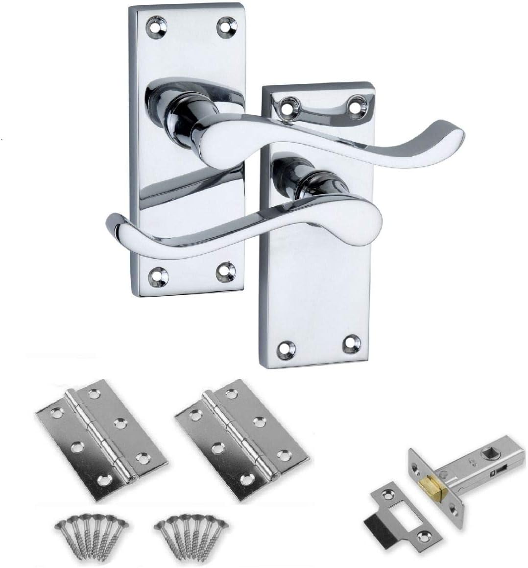 Designer Levers Victorian Scroll Polished Chrome Door Handle Pair with 64mm Tubular Latch 2X 75mm Hinges - Interior Door Pack Set