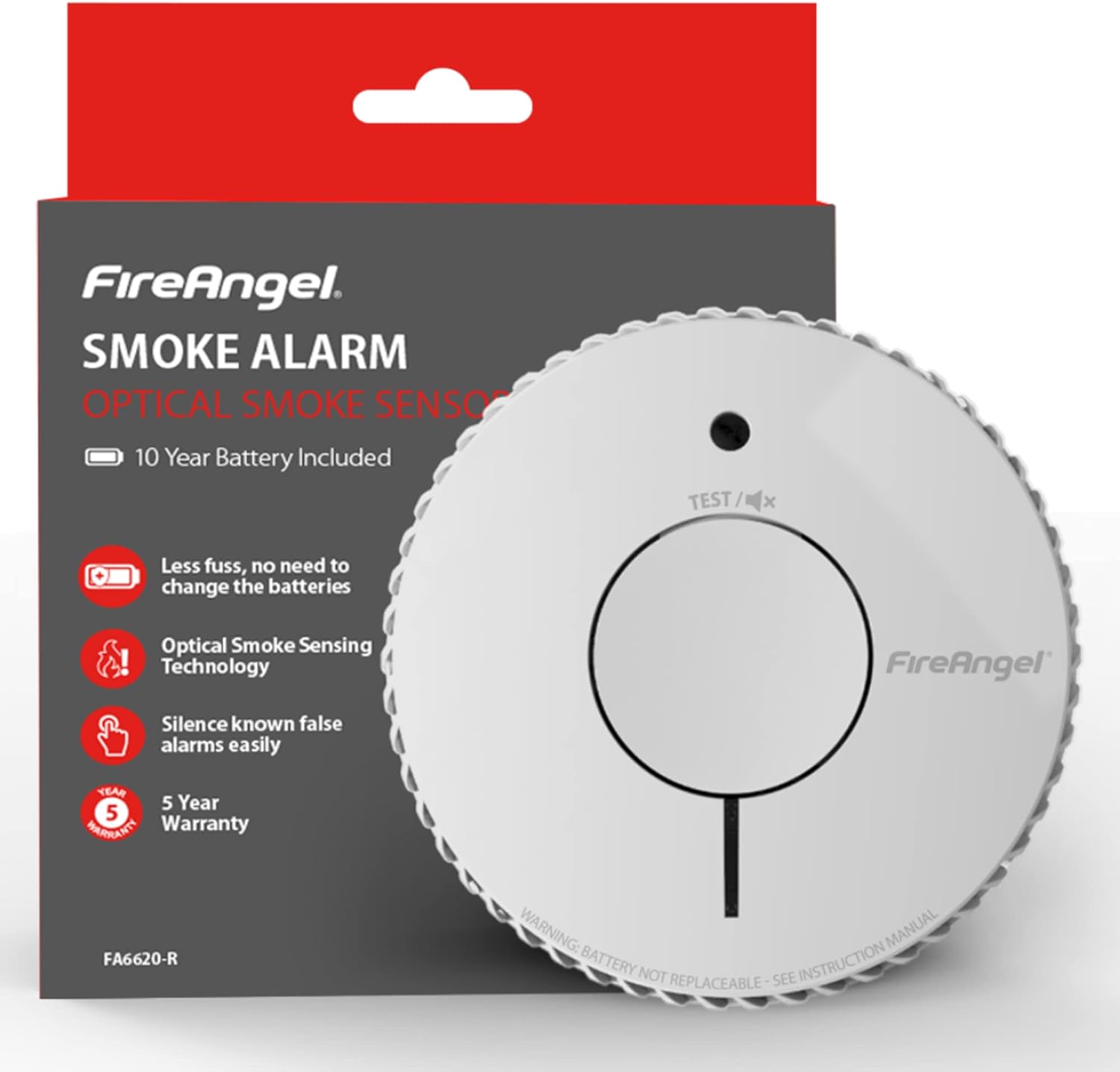 FireAngel Optical Smoke Alarm with 10 Year Sealed For Life Battery, FA6620-R (ST-622 / ST-620 replacement, new gen) , White