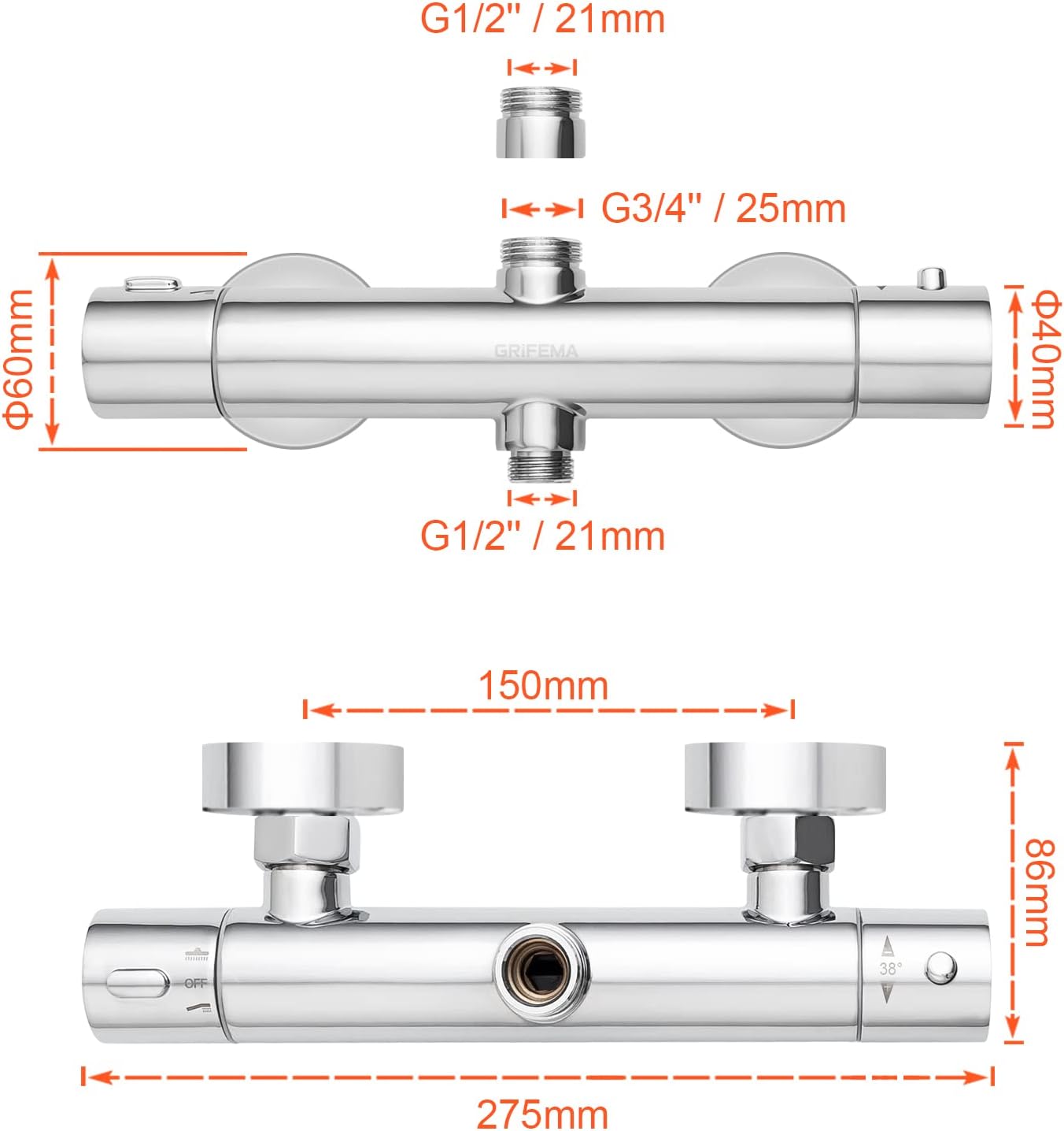 GRIFEMA G17005 Thermostatic Shower Mixer Bar Two Outlet, Wall Mounted Shower Mixer Tap,Anti-Scald, with TOP 3/4 and Bottom 1/2 BSP, Chrome,Silver