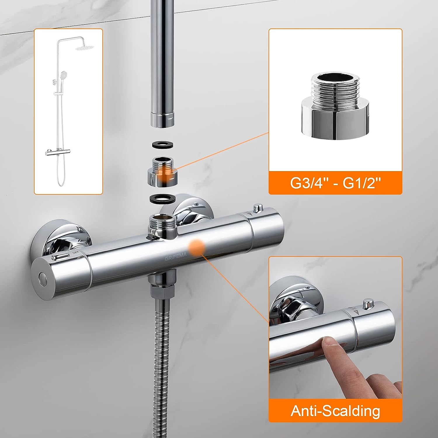 GRIFEMA G17005 Thermostatic Shower Mixer Bar Two Outlet, Wall Mounted Shower Mixer Tap,Anti-Scald, with TOP 3/4 and Bottom 1/2 BSP, Chrome,Silver