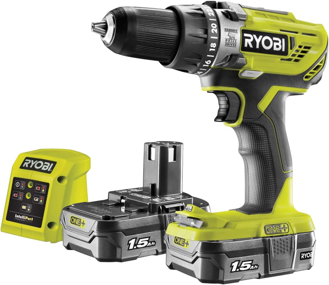 Ryobi R18PD3-215GZ 18 V ONE+ Cordless Combi Drill Starter Kit (2 x 1.5 Ah), Hyper Green