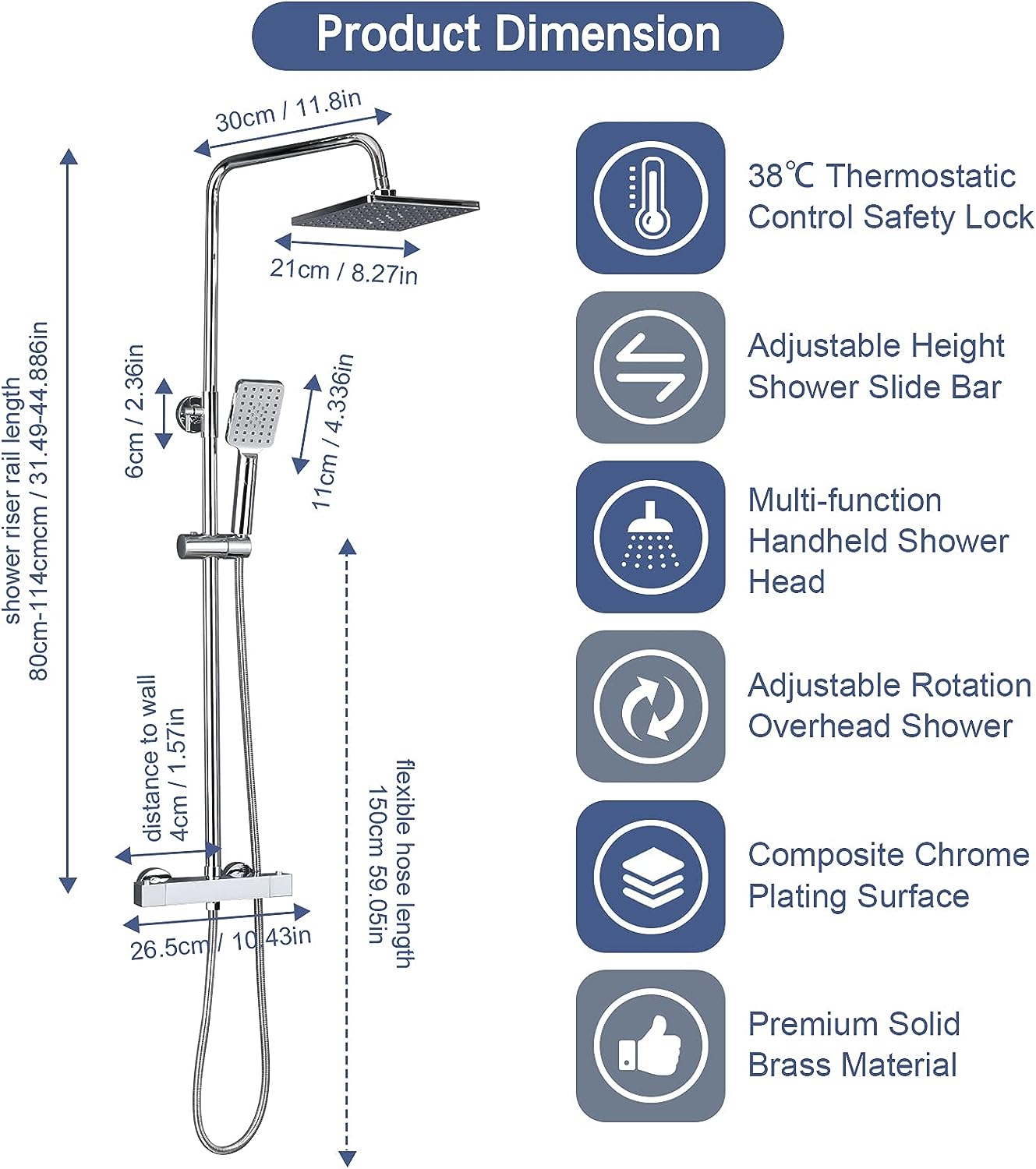 Solepearl Thermostat Shower System, Square Thermostatic 38 °C Shower Mixer Set with Rainfall Shower Head, Handheld Shower, Riser Rail, Adjustable Height Anti Scald Chrome Shower Set