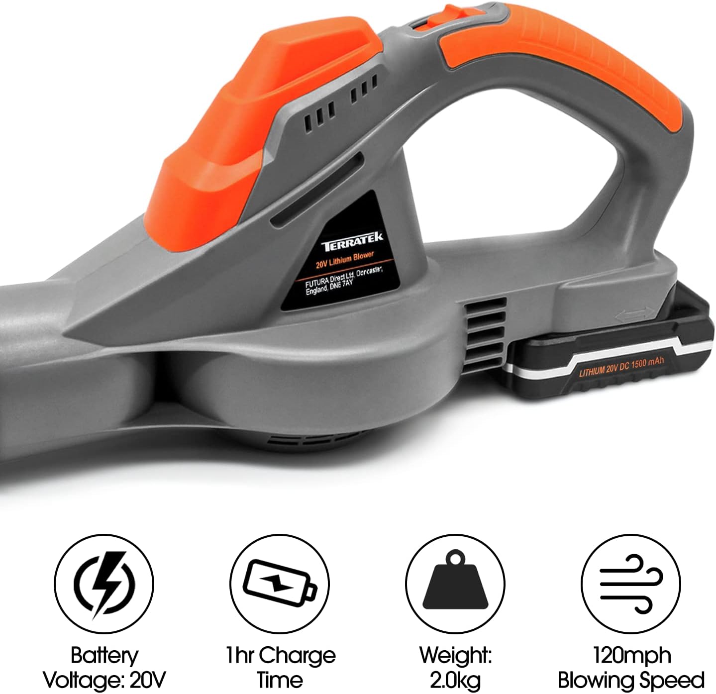 Terratek Cordless Leaf Blower 20V Battery and Charger, Garden Blower lightweight Powerful Electric Cordless Design