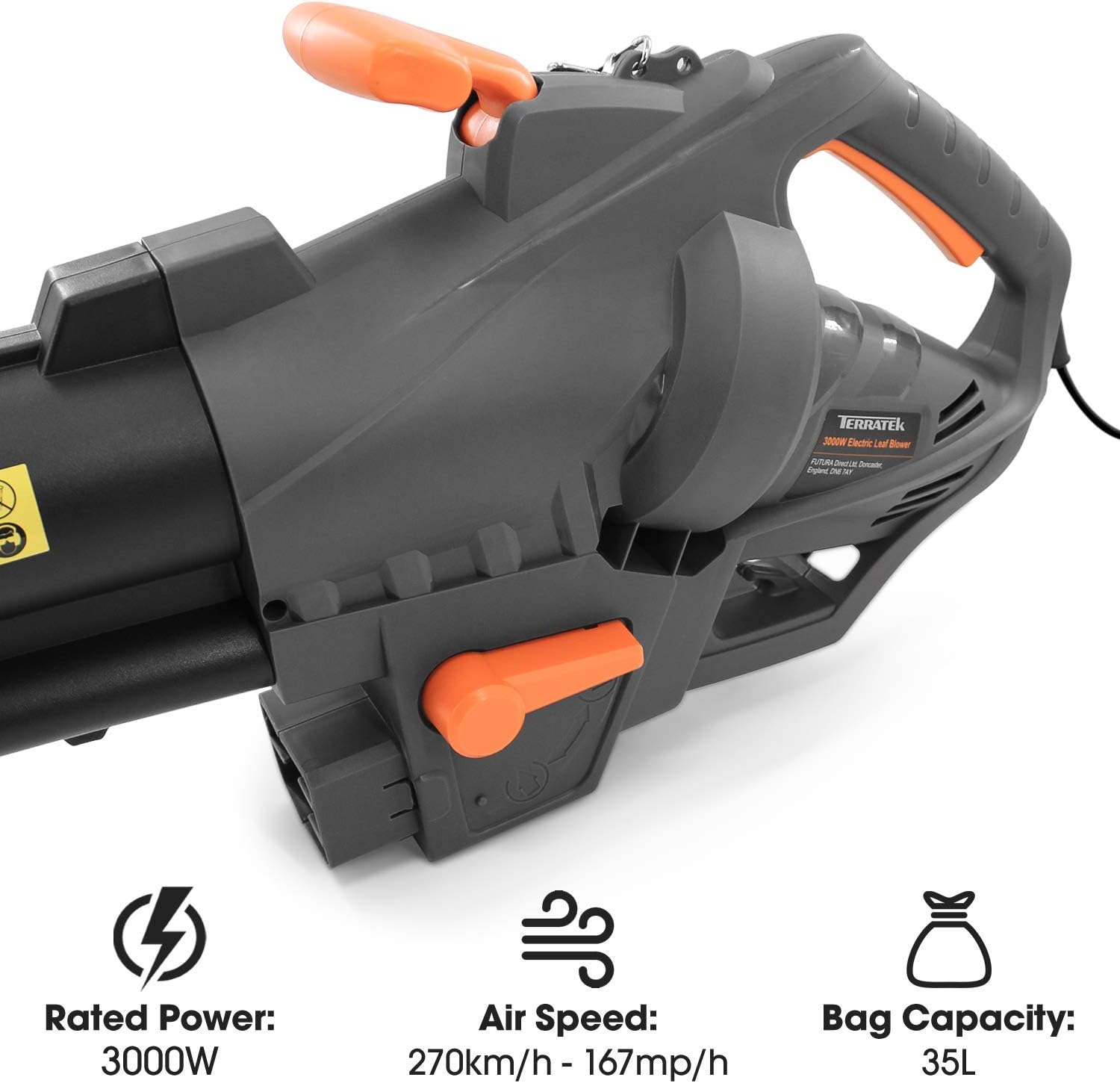 Terratek Leaf blower Garden Vacuum and Shredder, 35L Leaf Collection Bag, 3000W 10m Cable Lightweight Design, Leaf Vacuum, 10:1 Shredding Ratio