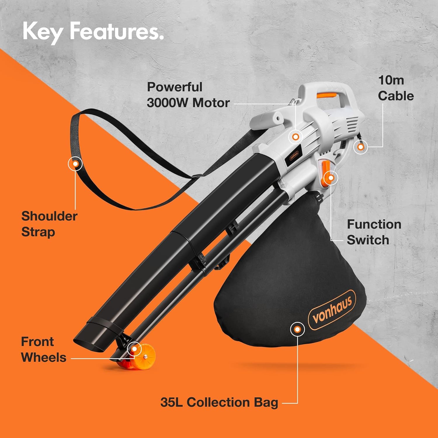 VonHaus Leaf Blower and Vacuum 3000W, Garden Vacuum for Clearing Patios Gardens of Leaves Other Waste, 10m Cable Reaches Whole Garden, Convenient Blower Vacuum for Gutters, 3 Year Warranty