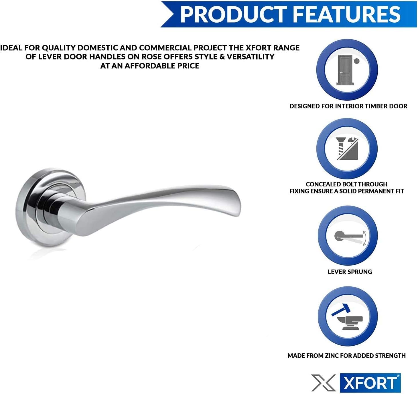 XFORT® 4 Pack Door Handle on Rose, Rennes Lever Door Handles in Polished Chrome Finish, Elegant Internal Lever Handle, Used as Internal Door Handles with a Standard Latch, Mortice or Bathroom Lock.