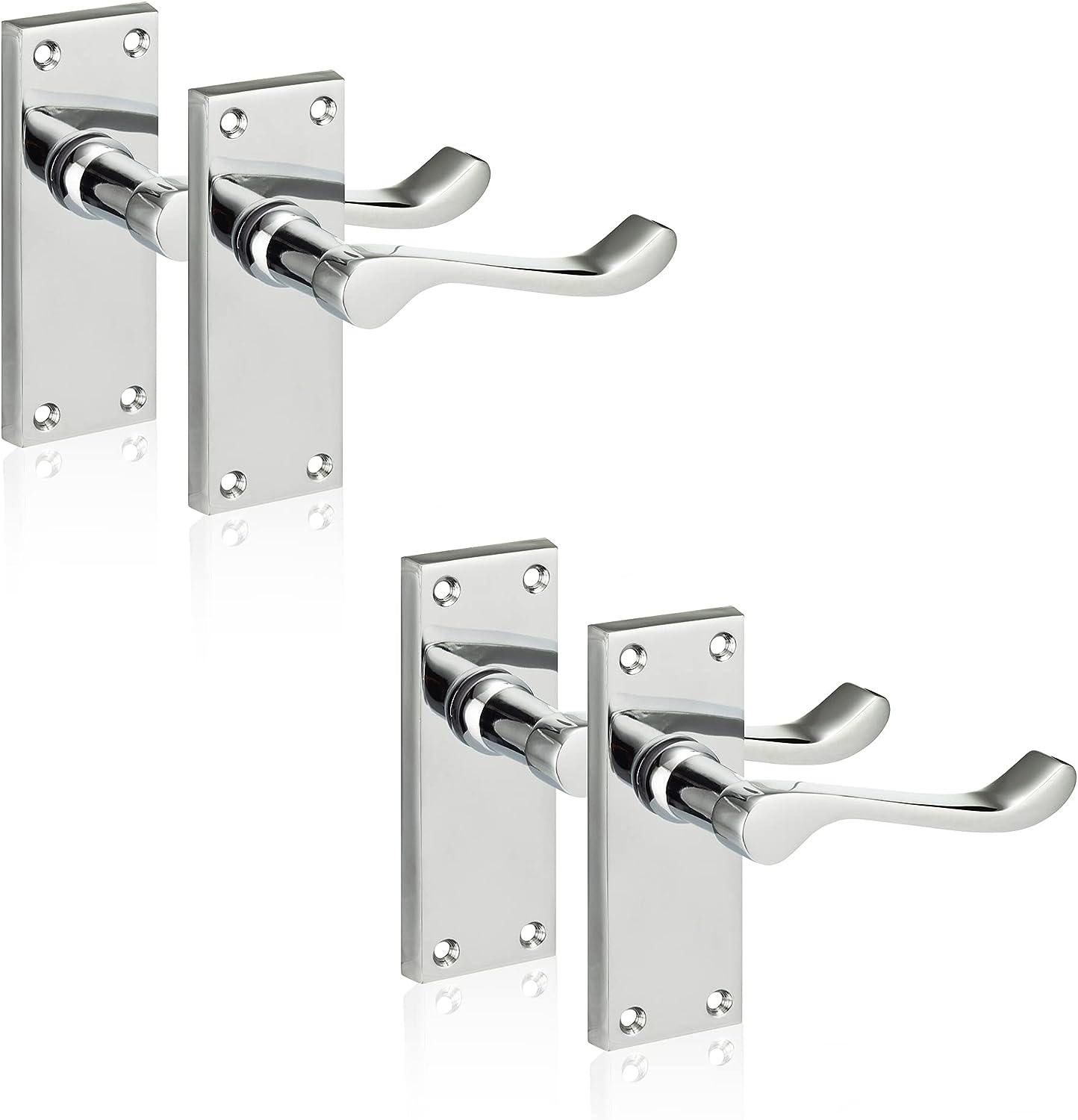 XFORT Chrome Elegance Range Polished Chrome Victorian Scroll Lever Latch Handles, Polished Chrome Backplate Door Handles, Contemporary Design for Internal Wooden Doors (2 Pairs)