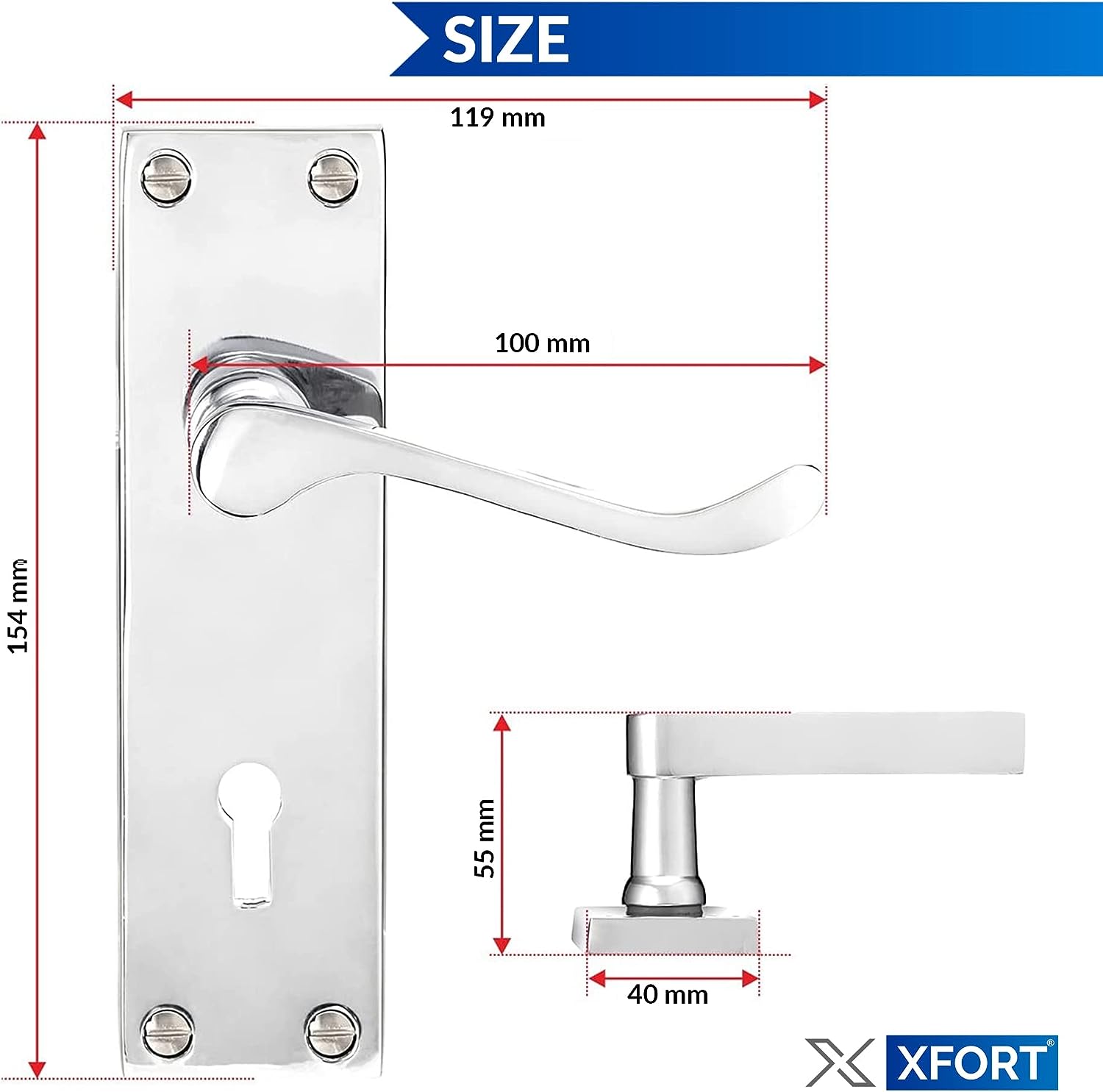 XFORT® Lever Lock Scroll Polished Chrome Door Handles, Elegant Door Handle Set with a Curved Handle Design, Ideal for All Types of Internal Wooden Doors That Require Key Locking Security [1 Pair]