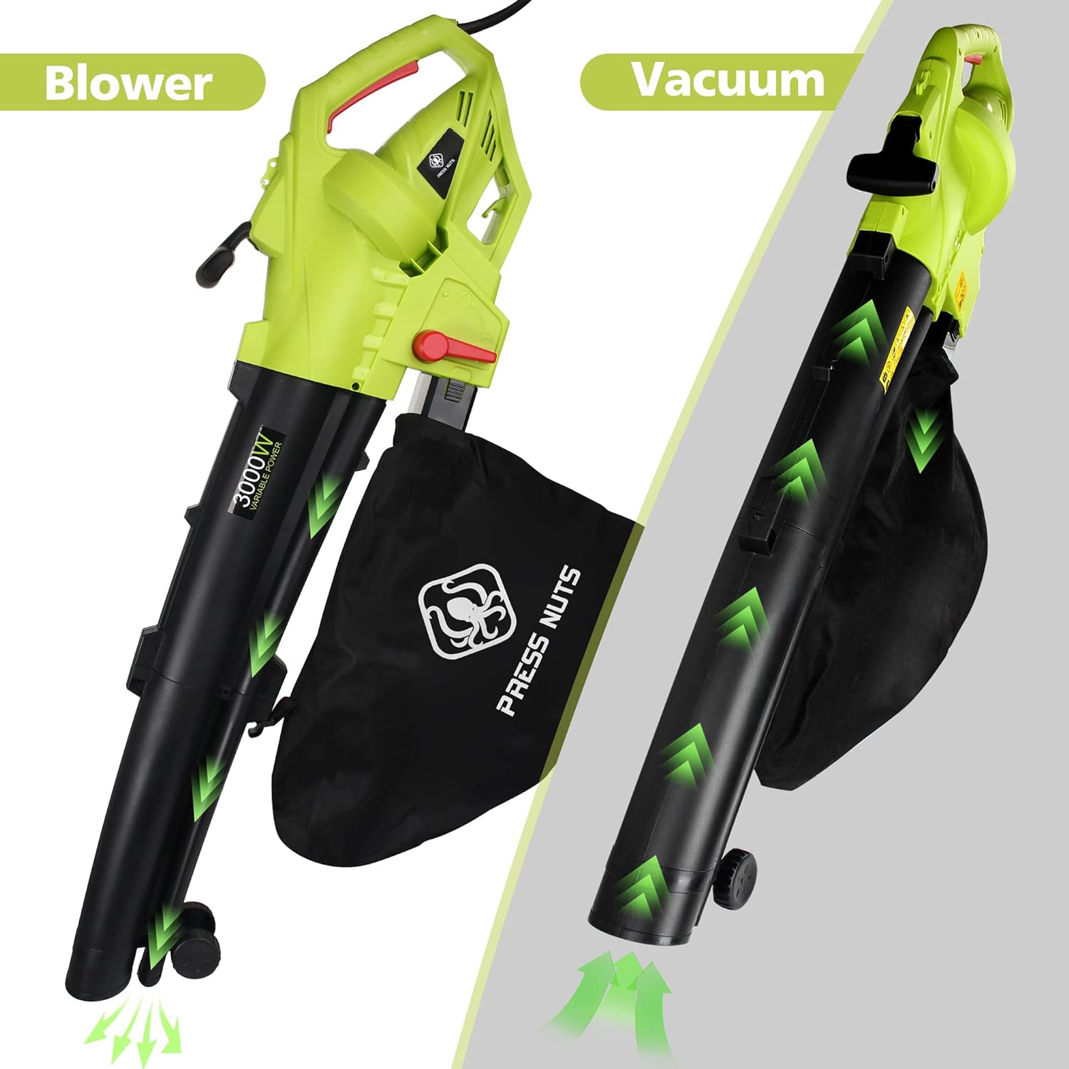 3 in 1 Leaf Blower, 3000W Garden Vacuum and Shredder with 10m Cable, Wheels, Garden Vacuum for Clearing Patios, Gardens of Leaves