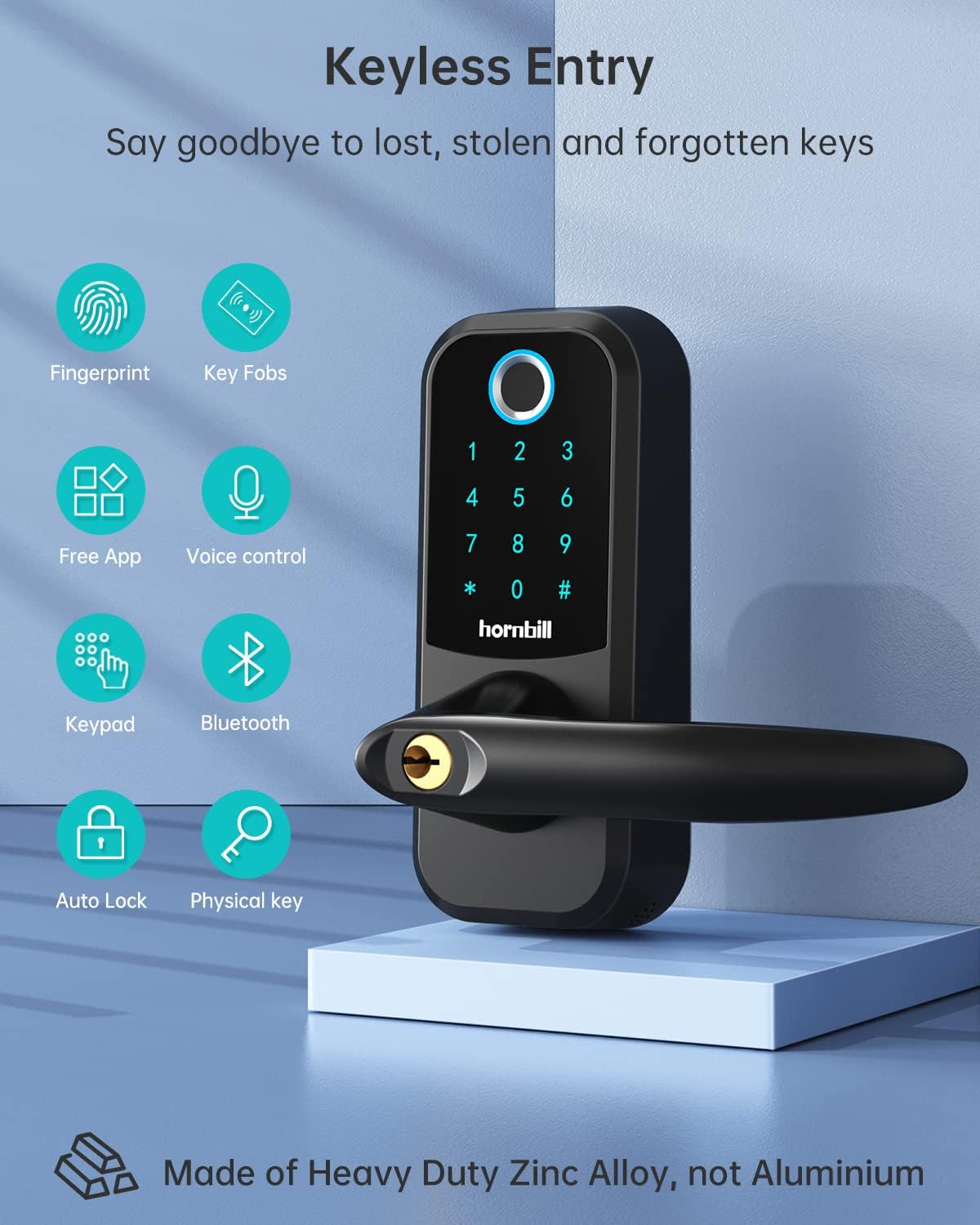 Fingerprint Smart Lock Door Handle, hornbill 6-in-1 Keyless Entry Keypad Digital Door Lock, Smart Locks for Front Door, Smart Lock Deadbolt with Lever, Reversible Handle Passcodes Free App IC Cards