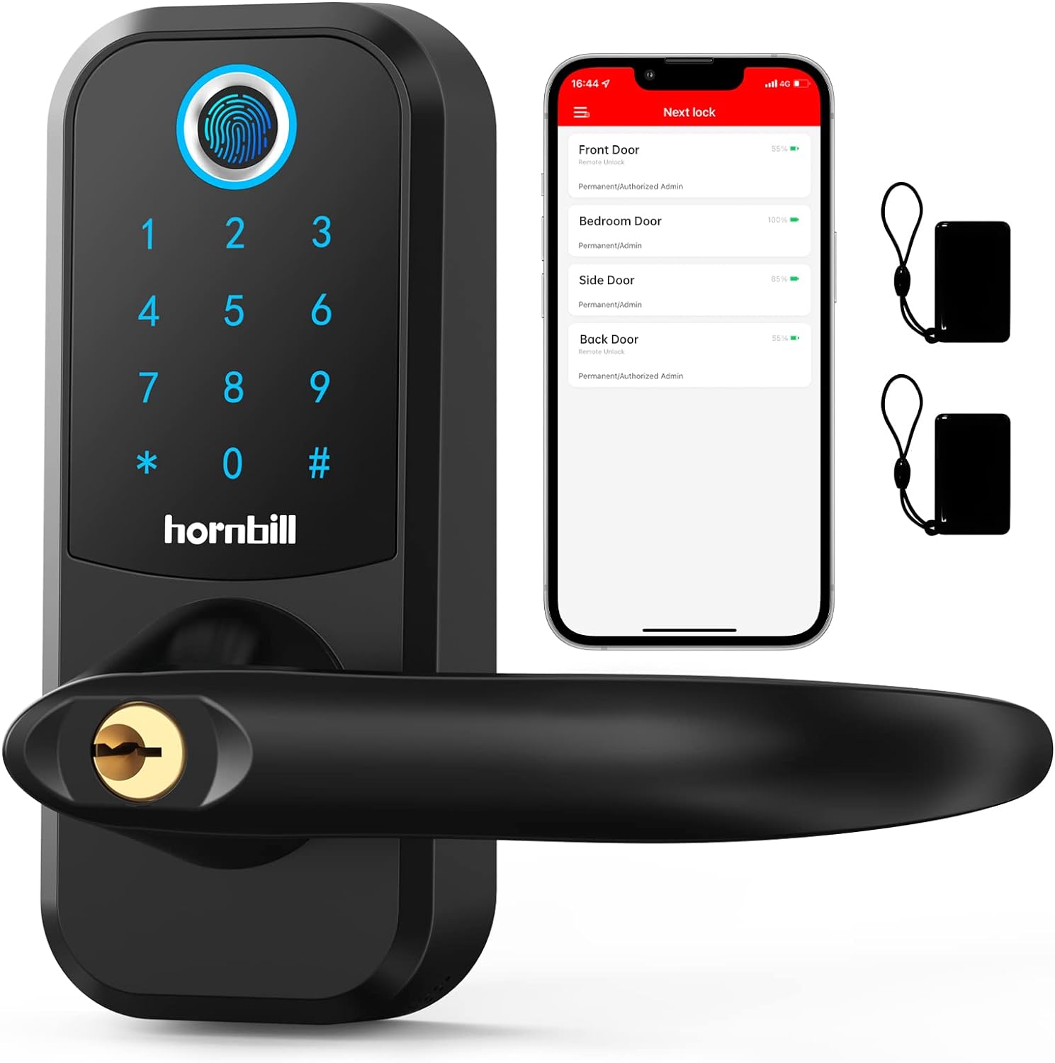 Fingerprint Smart Lock Door Handle, hornbill 6-in-1 Keyless Entry Keypad Digital Door Lock, Smart Locks for Front Door, Smart Lock Deadbolt with Lever, Reversible Handle Passcodes Free App IC Cards