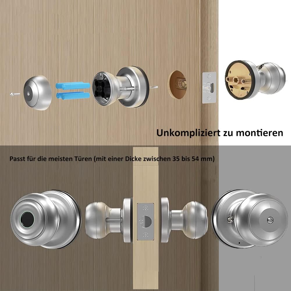 KLLOQUE Smart Door Knob, Fingerprint Door Lock Biometric Lock with App Control Bluetooth, Stainless Steel, Home Security, Easy Installation, Ideal for Bedroom Bathroom AirBnB (Silver)