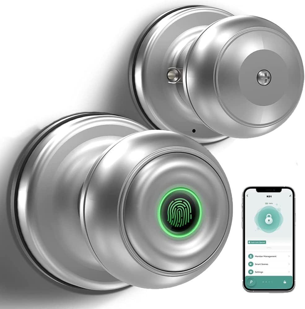 KLLOQUE Smart Door Knob, Fingerprint Door Lock Biometric Lock with App Control Bluetooth, Stainless Steel, Home Security, Easy Installation, Ideal for Bedroom Bathroom AirBnB (Silver)