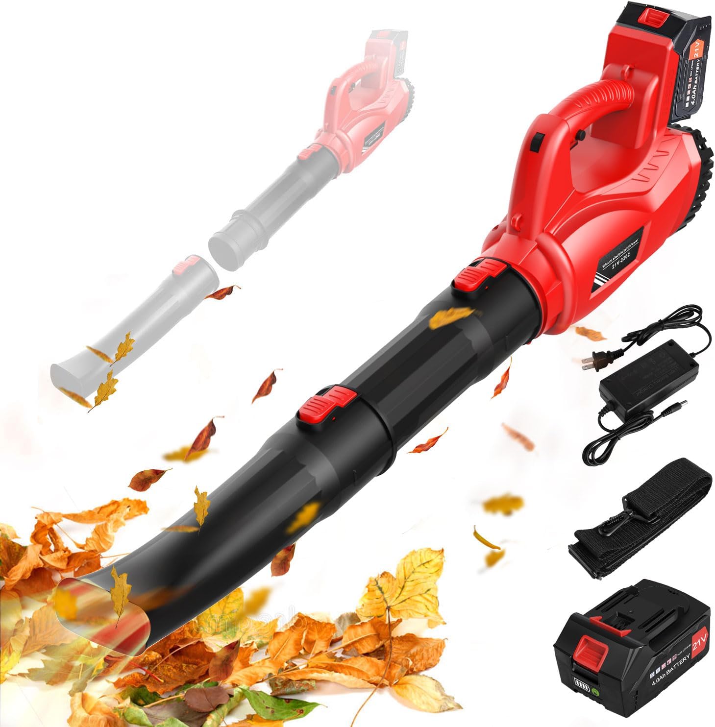 Leaf Blower Cordless, 21V Electric Leaf Blower with 4.0Ah Battery and Charger, with 2 Adjustable Tubes and 6-Speed Modes, Air Speed of Up to 300km/h for Lawn Care, Courtyard Wood Chips, Grass Cuttings