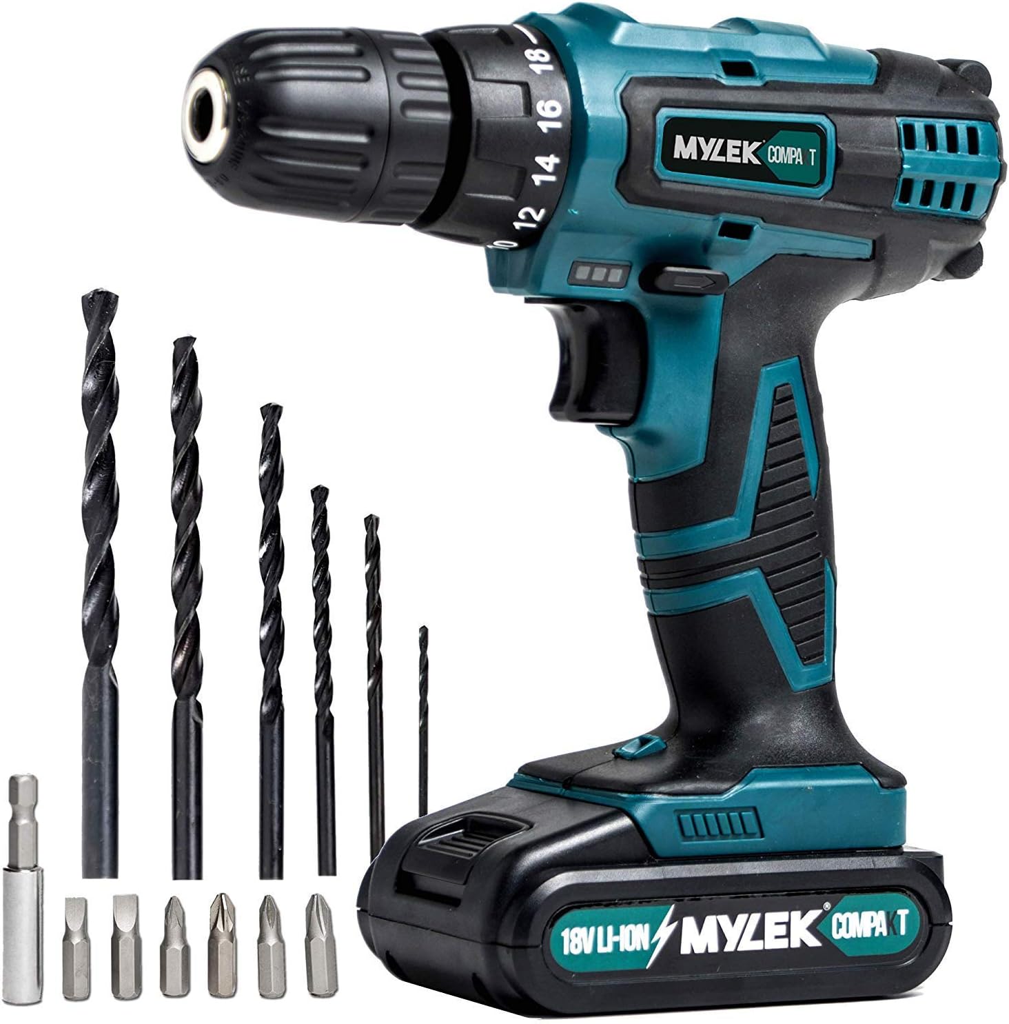 MYLEK 18V Cordless Drill - Lithium Ion Drills Driver Screwdriver Set - 13 Piece Combi Accessory Kit - LED Worklight, 18 Volts