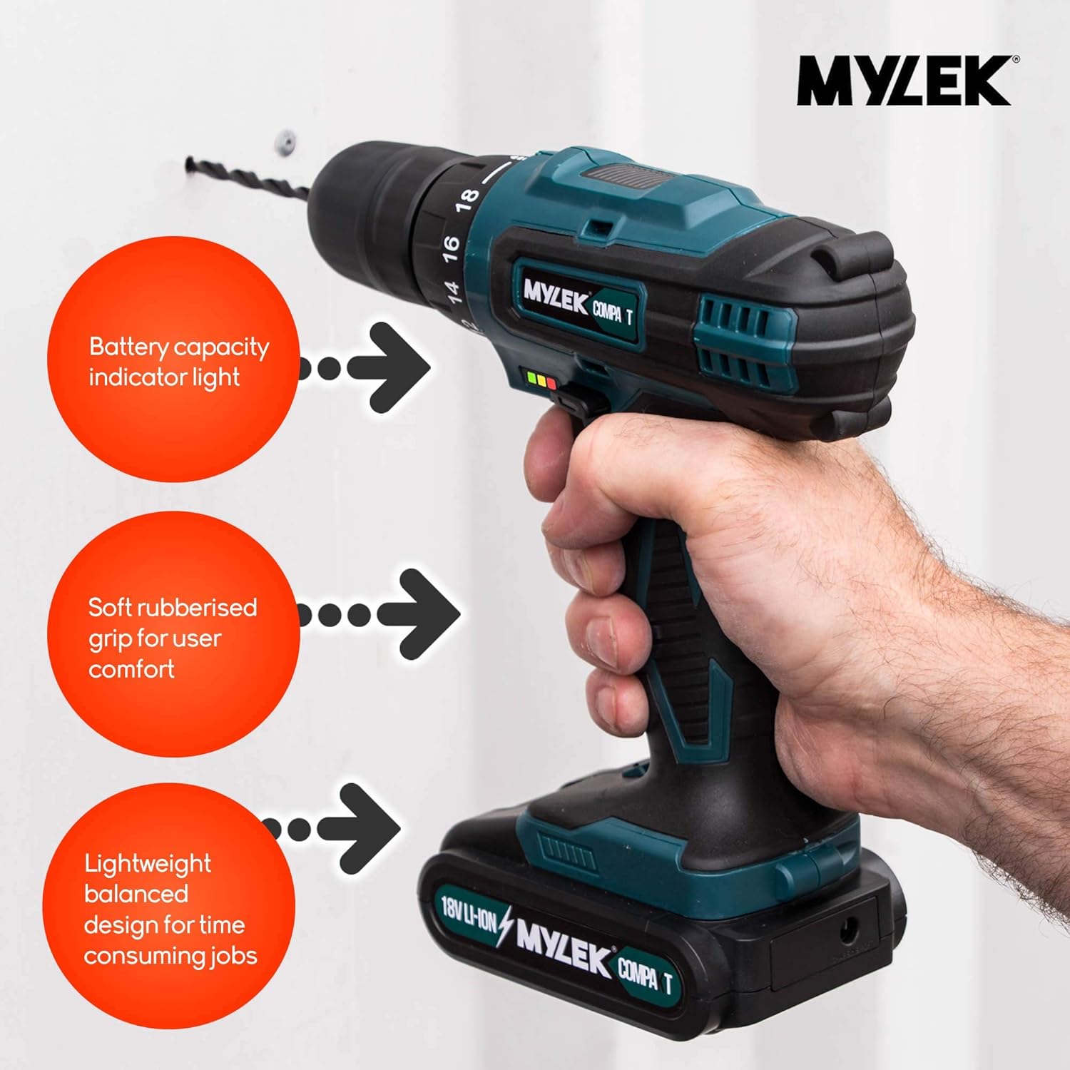 MYLEK 18V Cordless Drill - Lithium Ion Drills Driver Screwdriver Set - 13 Piece Combi Accessory Kit - LED Worklight, 18 Volts