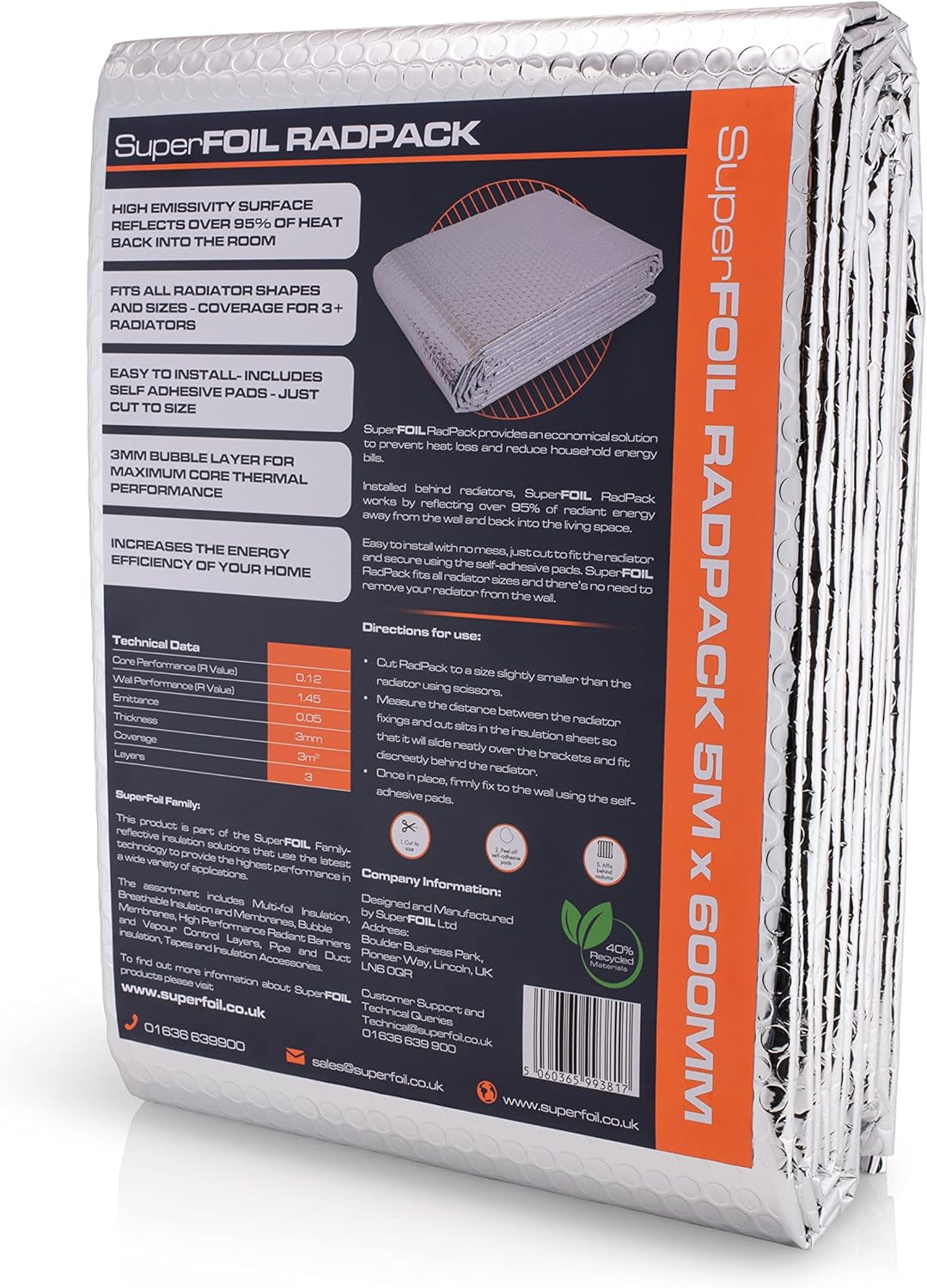 SuperFOIL Radpack Radiator Insulation Reflective Foil - 0.6m x 5m - Enhances Radiator Efficiency - Easy to Install, Adhesive Pads Included