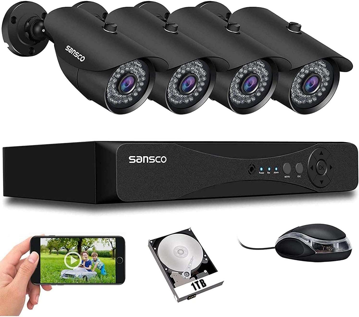 [8CH, Expandable] SANSCO 5MP CCTV Surveillance Camera System, 8 Channel DVR with 4x 2MP Security Cameras, 1TB Hard Drive for 24/7 Recording (1920x1080, Weatherproof, Night Vision, Easy Mobile View)