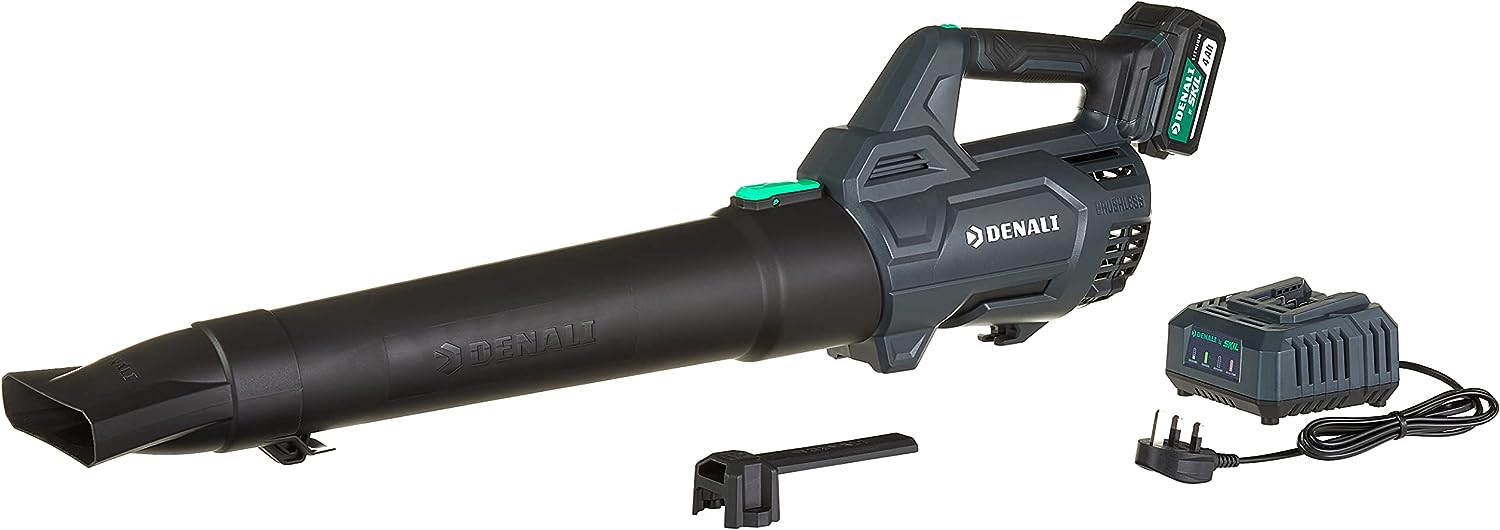 Amazon Brand - Denali by SKIL 18 V (20V MAX) Brushless 400 CFM (680 m³/h) Leaf Blower Kit, Includes 4.0Ah Lithium Battery and Charger, Blue