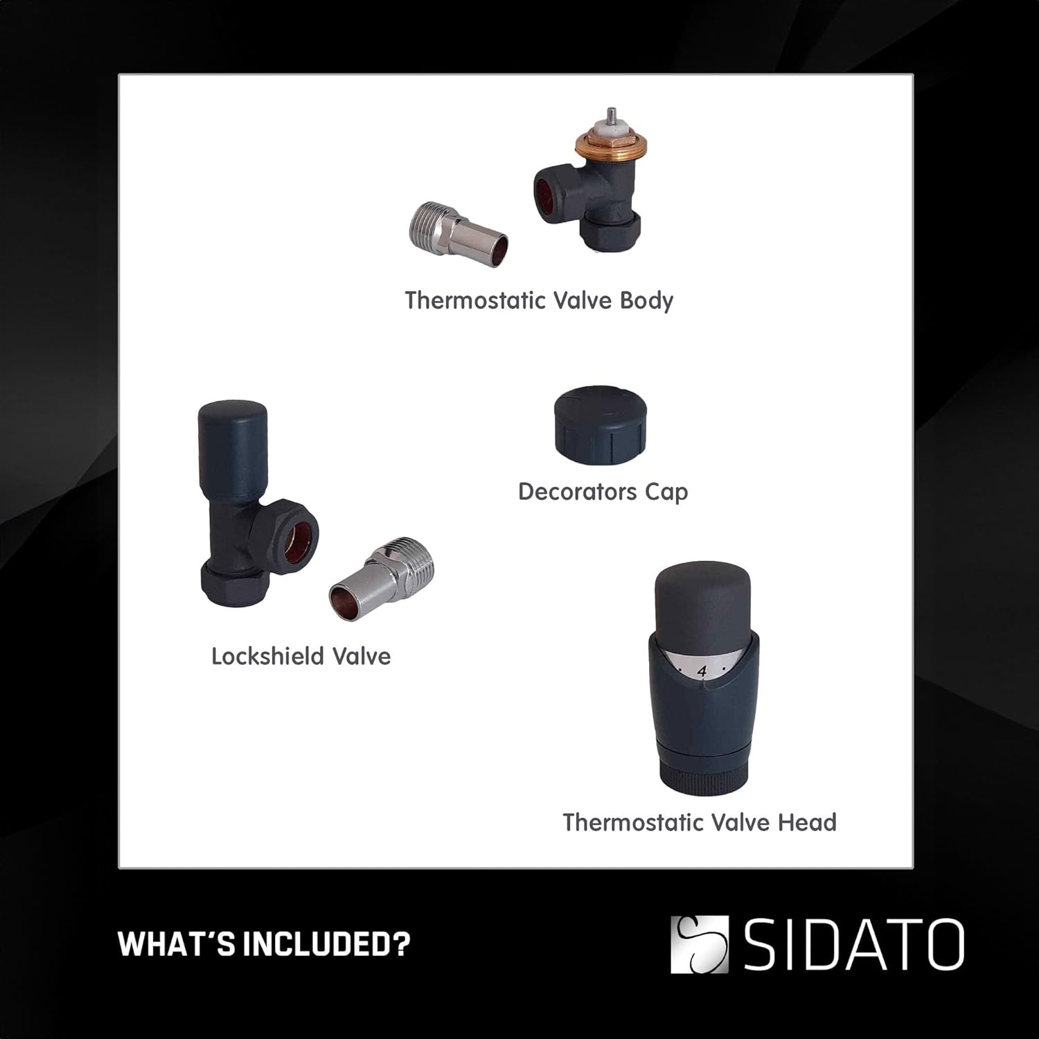 Anthracite Radiator Valves - Thermostatic Radiator Valve Set for a Vertical Radiator - inc. Angled TRV Lockshield | Sidato Caldo