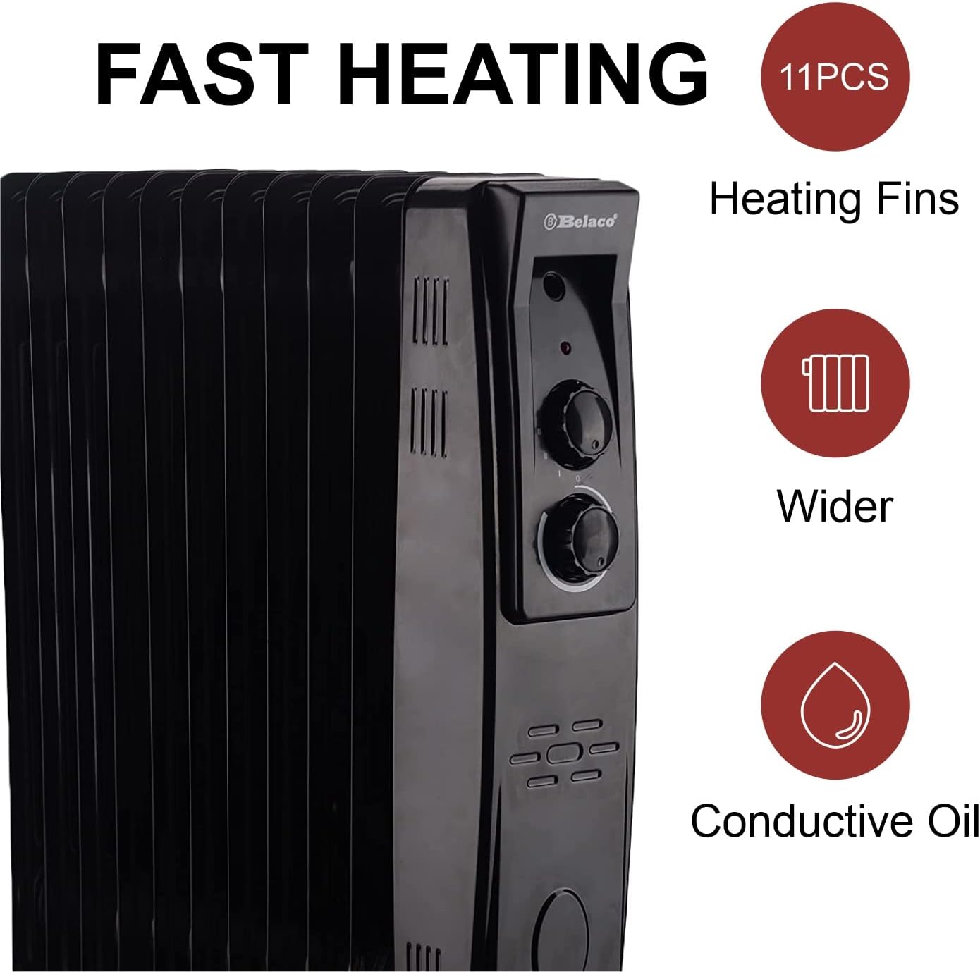 Belaco Oil Filled Radiators 11 Fins Portable Electric Heater Adjustable Thermostat Control 3 Heat Settings Portable Heater Overheat Protection 2500W Energy Efficient Heavy-Duty Castor