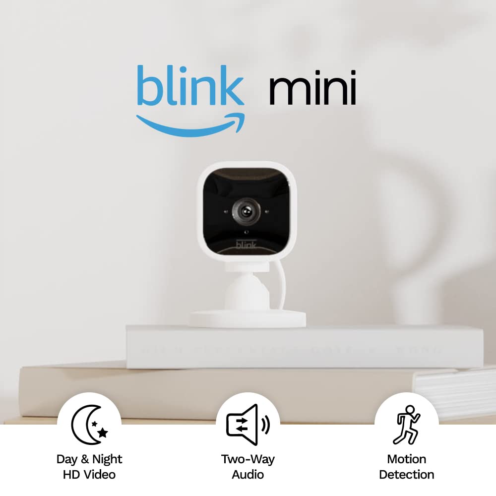 Blink Mini | Indoor plug-in smart security camera, 1080p HD day and night video, motion detection, two-way audio, easy setup, Alexa enabled, Blink Subscription Plan Free Trial — 1 camera (White)