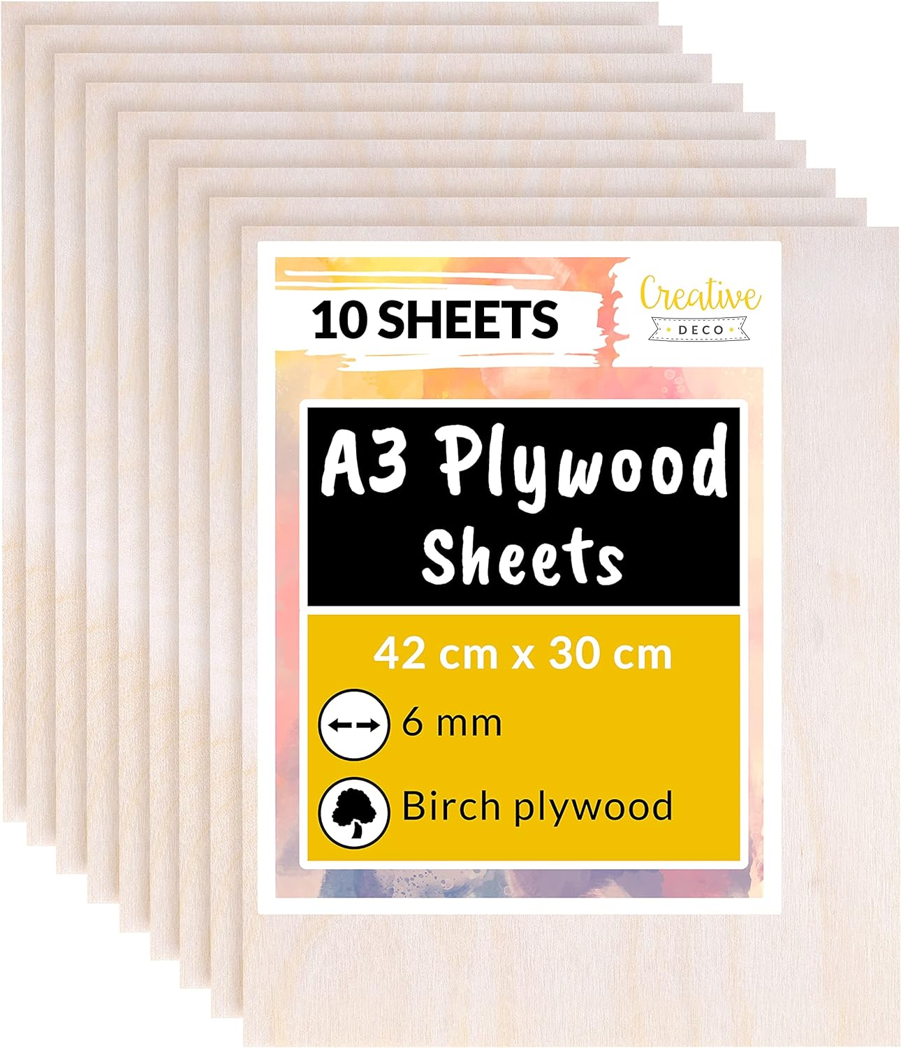 Creative Deco 10 x A3 Plywood Sheets | 420 x 300 x 6mm Baltic Birch Wood Ply | Perfect Board for Wood Board DIY Home Decor, Arts, Craft, Painting, Laser Cutting, CNC, Scroll Saw, Stenciling Pyrography