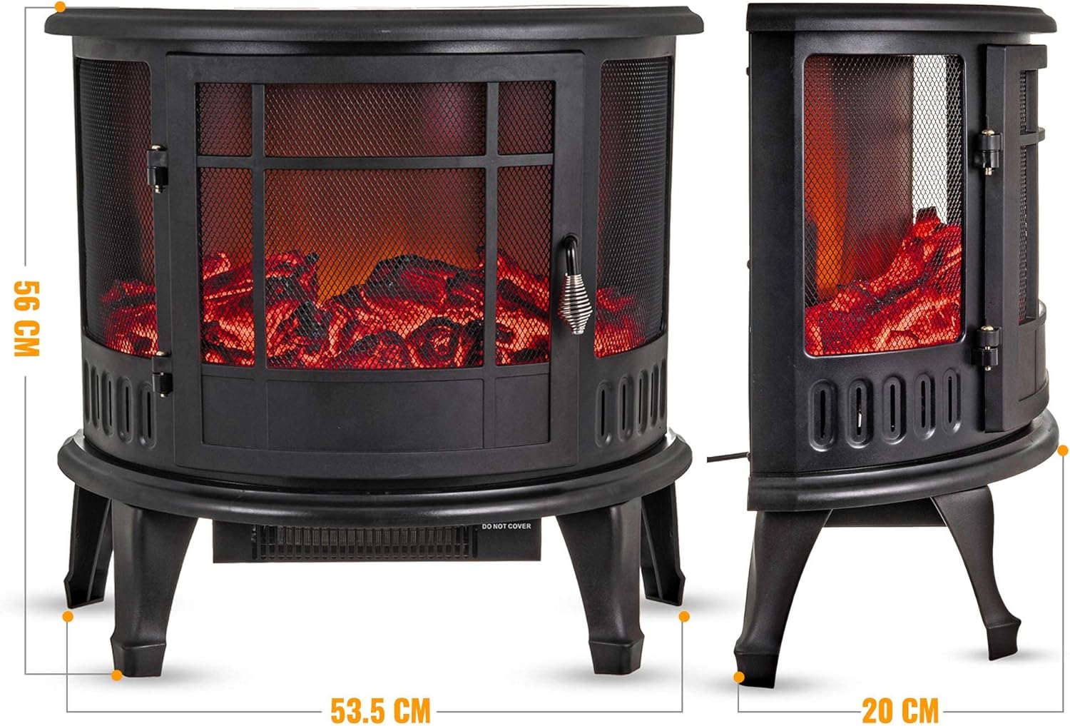 FiNeWaY Electric Stove Heater with Log Burner Flame Effect Fire – 1800W, Black – Freestanding Fireplace with Wood Burning LED Light – Adjustable Temperature Flame Panoramic Design With Large Window