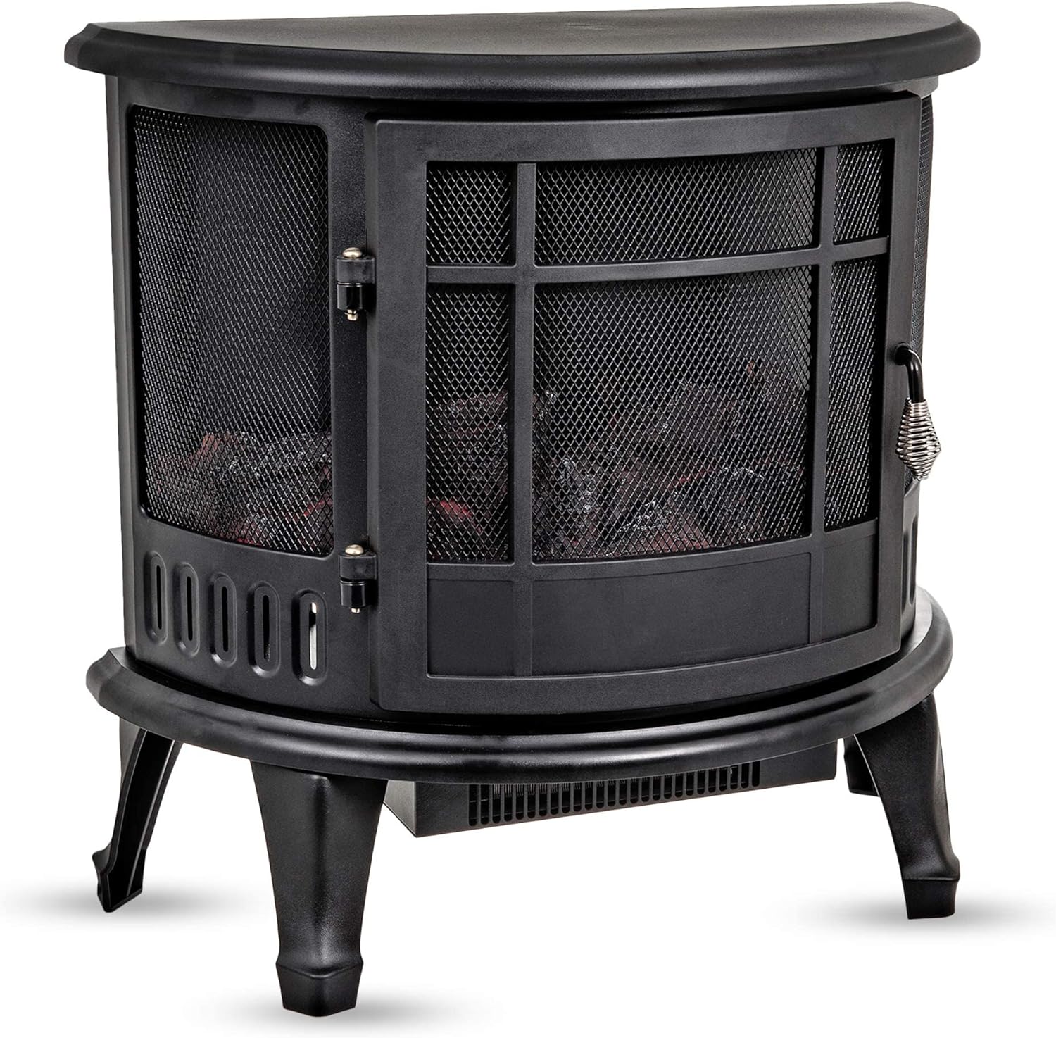 FiNeWaY Electric Stove Heater with Log Burner Flame Effect Fire – 1800W, Black – Freestanding Fireplace with Wood Burning LED Light – Adjustable Temperature Flame Panoramic Design With Large Window