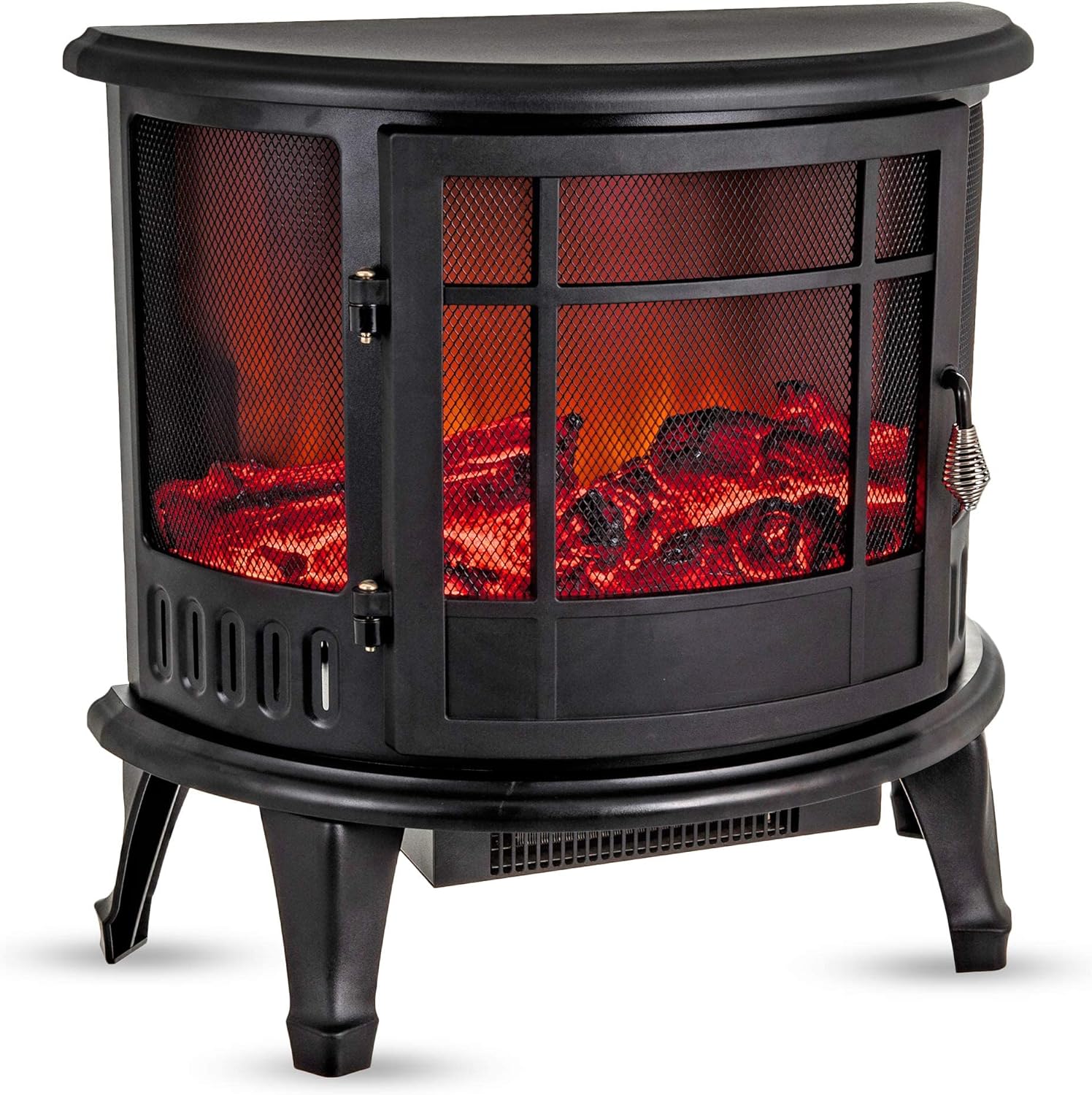 FiNeWaY Electric Stove Heater with Log Burner Flame Effect Fire – 1800W, Black – Freestanding Fireplace with Wood Burning LED Light – Adjustable Temperature Flame Panoramic Design With Large Window