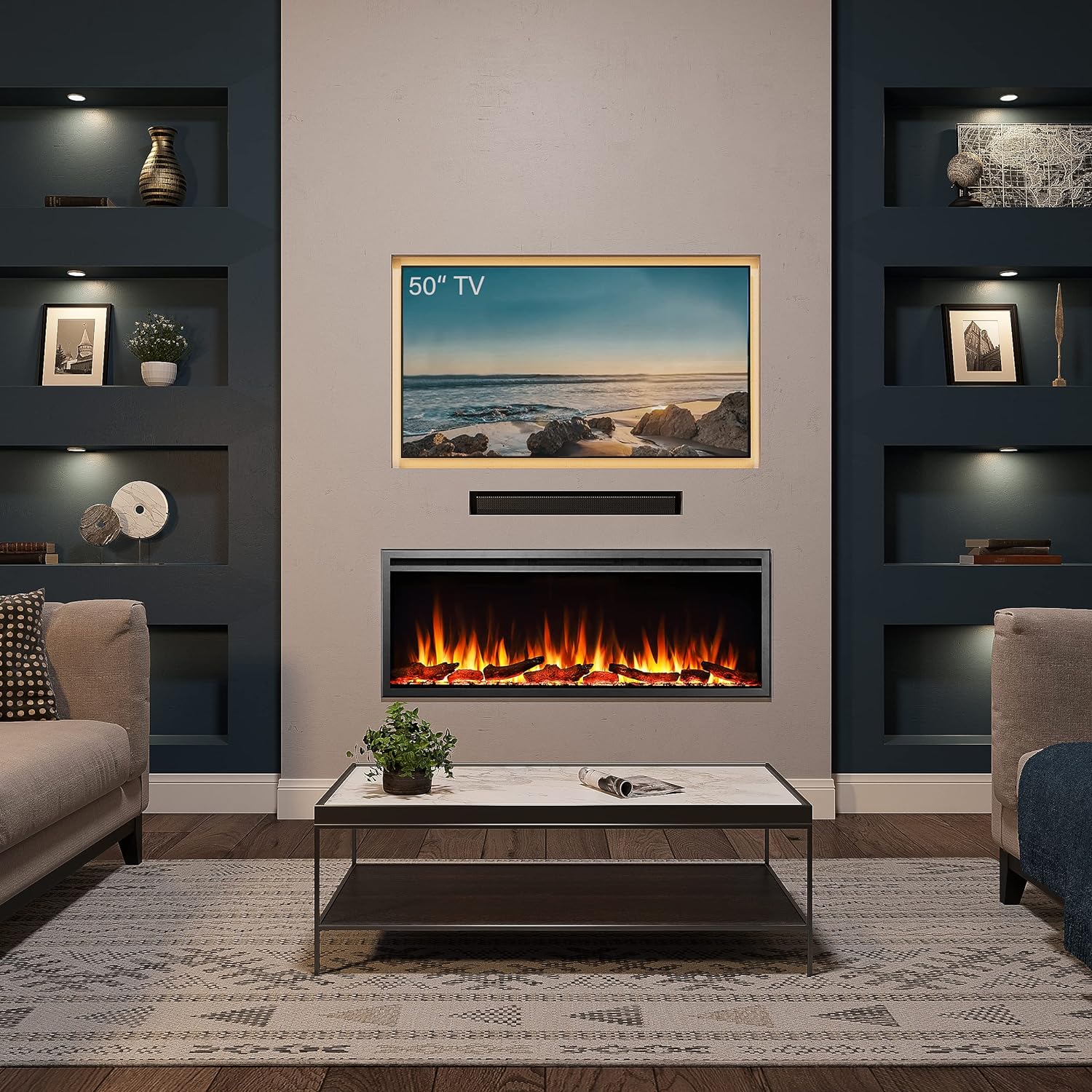 FLAMME 60/152cm Castello Slim Frame Recessed Media Wall Inset Electric Fireplace with Multi Flame Colours 750W/1500W