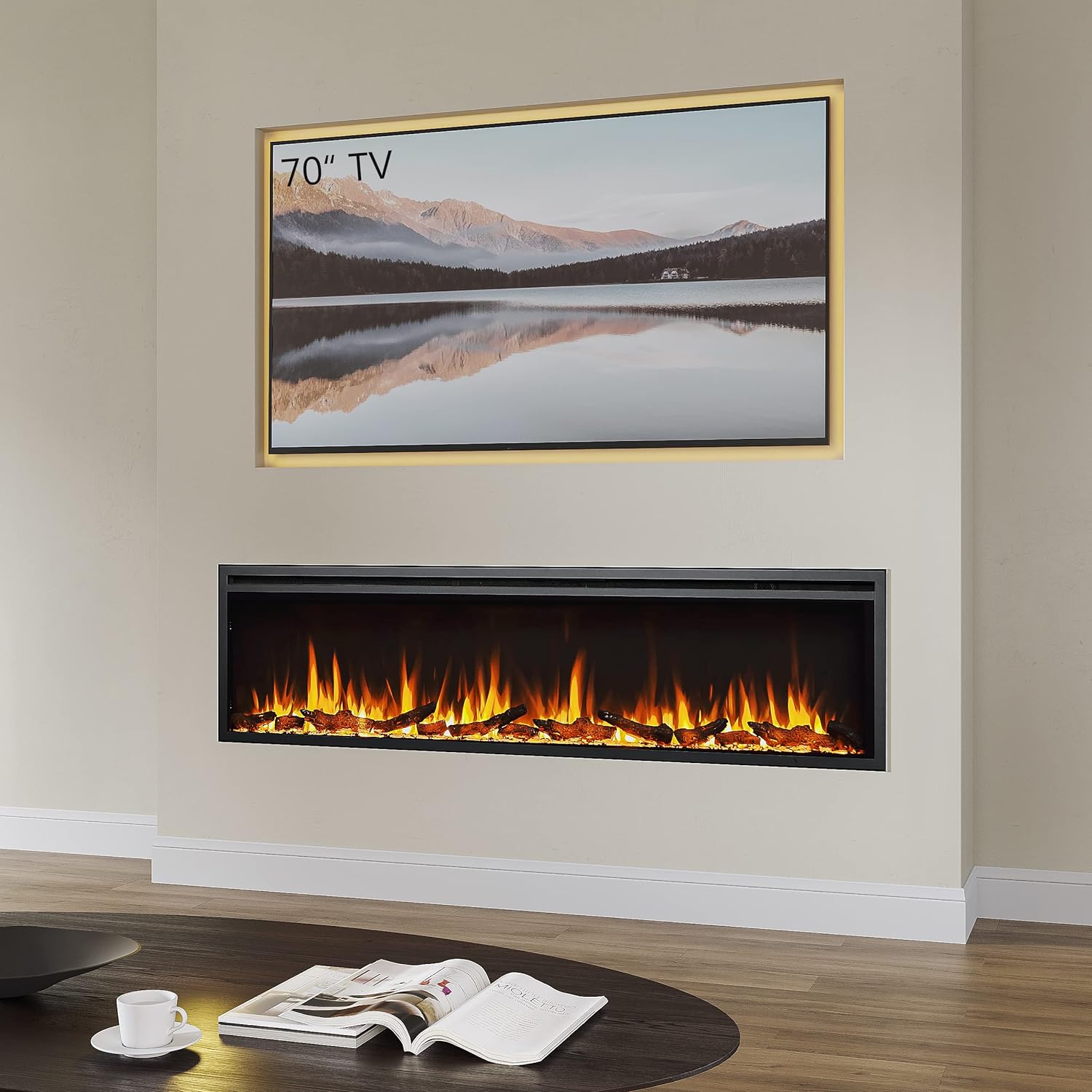 FLAMME 60/152cm Castello Slim Frame Recessed Media Wall Inset Electric Fireplace with Multi Flame Colours 750W/1500W