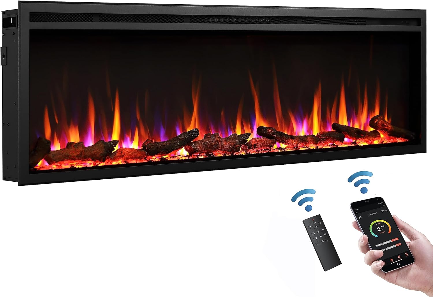 FLAMME 60/152cm Castello Slim Frame Recessed Media Wall Inset Electric Fireplace with Multi Flame Colours 750W/1500W