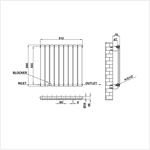 Flat Panel Radiator 600x612mm Horizontal Design Single Tall Upright White Central Heating Rad