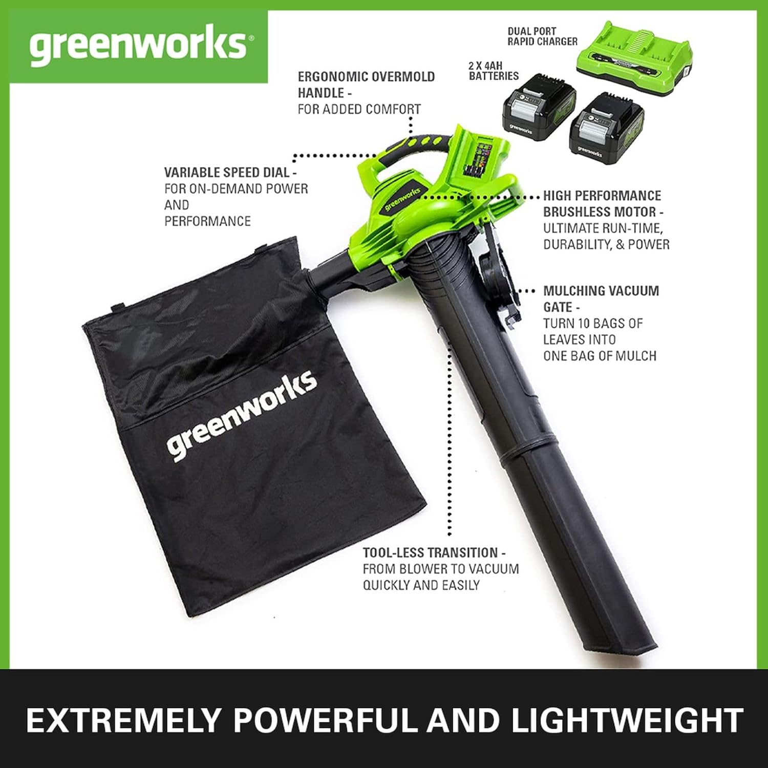 Greenworks Cordless Leaf Blower and Vacuum, Electric Leaf Blower and Vacuum Cordless with 45L Mulching Bag Shoulder Strap, 322km/h 9m3/min, 2x24V Batteries Charger, 3 Year Guarantee GD24X2BVK4X : Amazon.co.uk: Garden