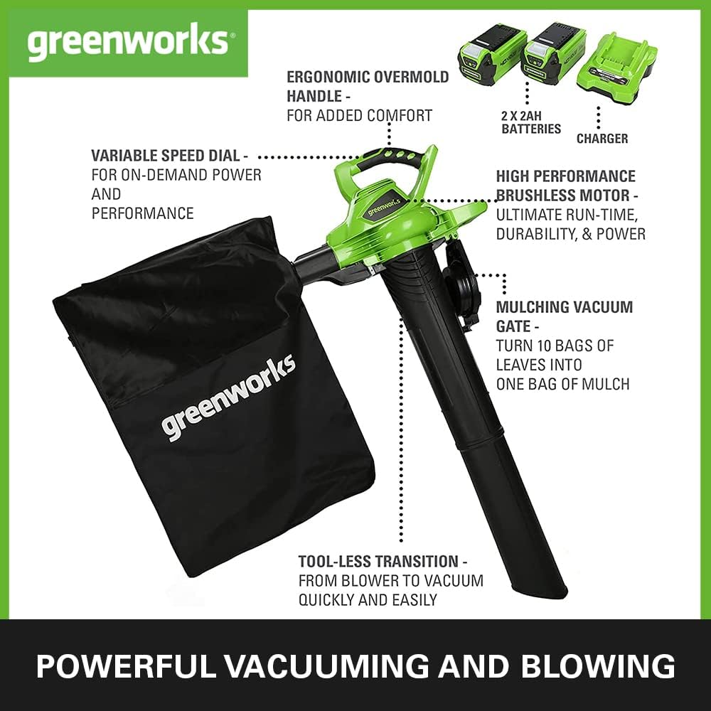 Greenworks GD40BVK2X Cordless Leaf Blow Vac with Brushless Motor, 280km/h, 9.63m³/min, 45L Mulching Bag , Two of 40V 2Ah Batteries Charger, 3 Year Guarantee : Amazon.co.uk: Garden