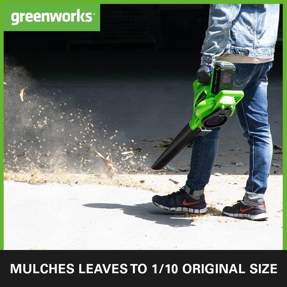 Greenworks GD40BVK2X Cordless Leaf Blow Vac with Brushless Motor, 280km/h, 9.63m³/min, 45L Mulching Bag , Two of 40V 2Ah Batteries Charger, 3 Year Guarantee : Amazon.co.uk: Garden