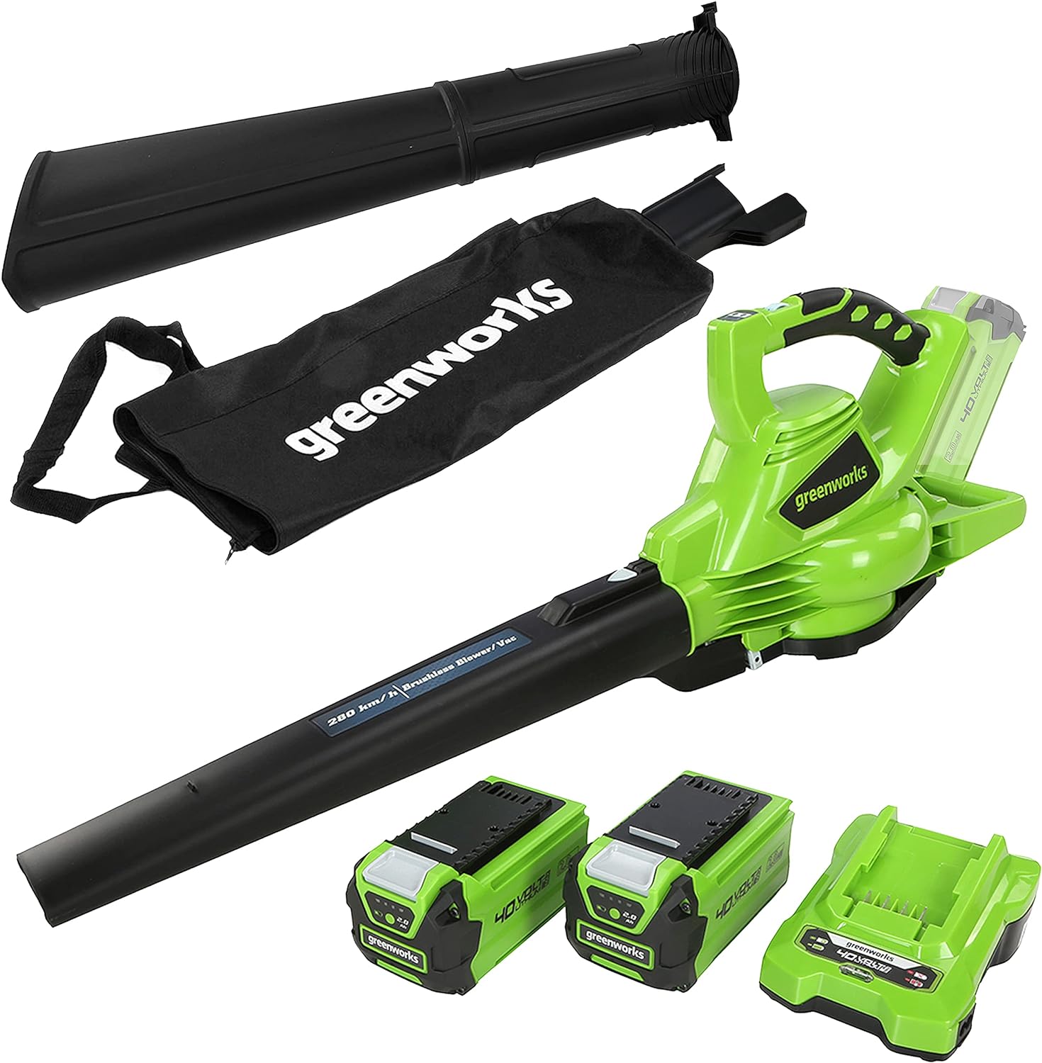 Greenworks GD40BVK2X Cordless Leaf Blow Vac with Brushless Motor, 280km/h, 9.63m³/min, 45L Mulching Bag , Two of 40V 2Ah Batteries Charger, 3 Year Guarantee : Amazon.co.uk: Garden