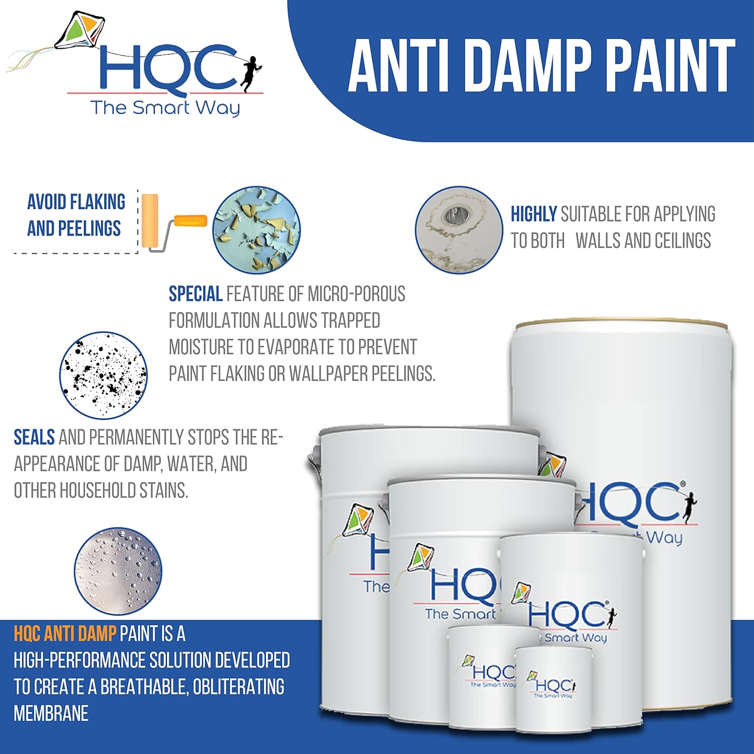 HQC Anti Damp Paint | Stain Block | Damp Seal Paint Matt | Waterproof Sealant | Damp Proof Paint for Bathroom | Damp Proof Membrane | Block Wall Paint 2.5L Brilliant White