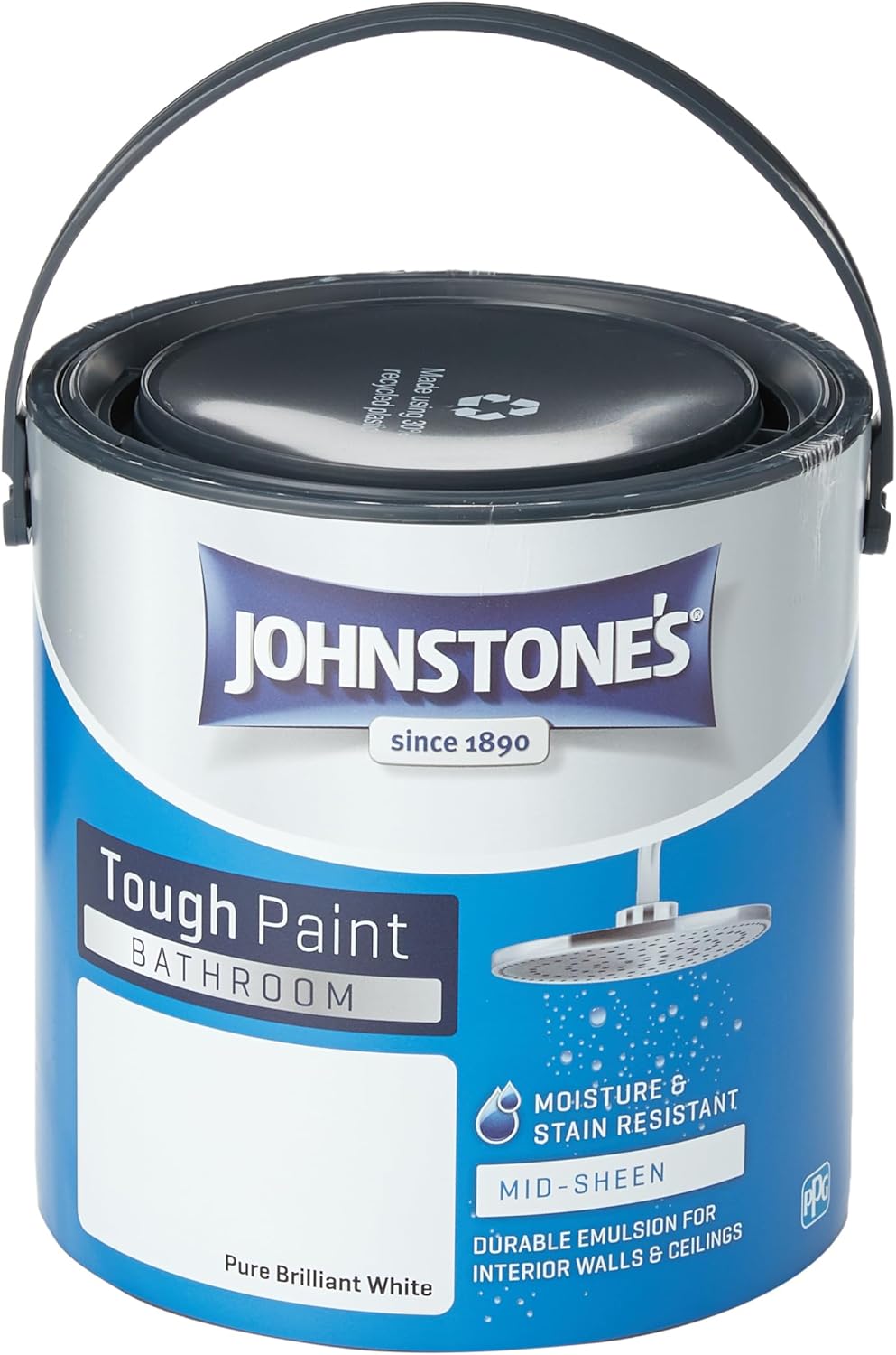 Johnstones - Bathroom Paint - Brilliant White - Mid Sheen Finish - Stain Blocker Paint - Use in Moist Damp Areas - Low Odour - Dry in 1-2 Hours - 12m2 Coverage per Litre - 2.5L