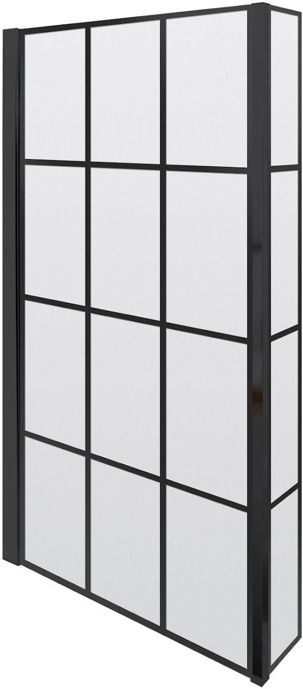 Over Bath Shower Screen Door 780mm Framed Black Square Grid 6mm Toughened Safety Clear Glass Panel Bathroom Bath Screens