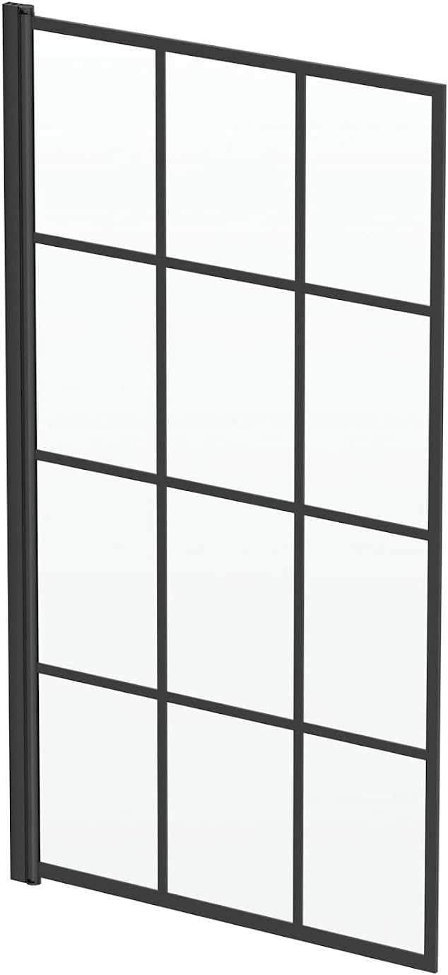 Over Bath Shower Screen Door 780mm Framed Black Square Grid 6mm Toughened Safety Clear Glass Panel Bathroom Bath Screens