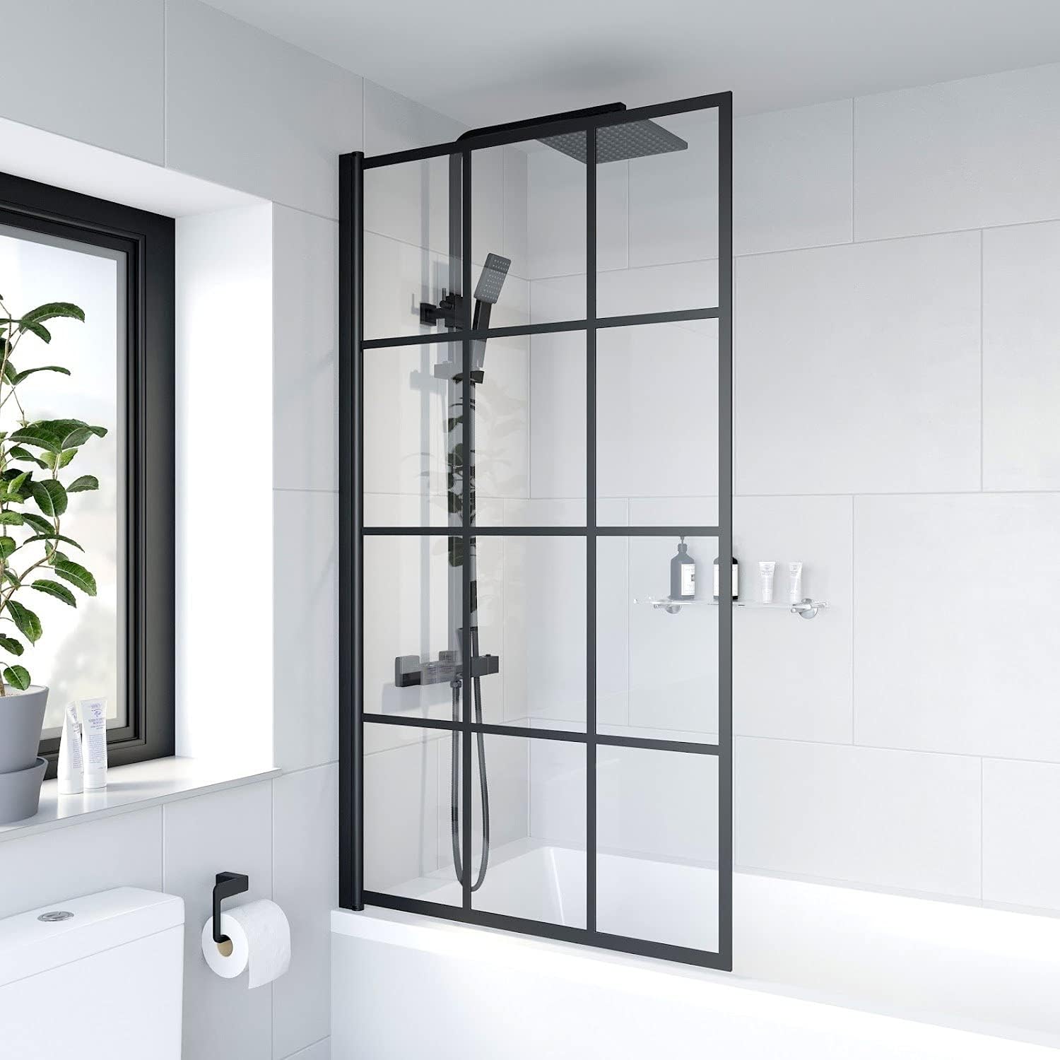 Over Bath Shower Screen Door 780mm Framed Black Square Grid 6mm Toughened Safety Clear Glass Panel Bathroom Bath Screens